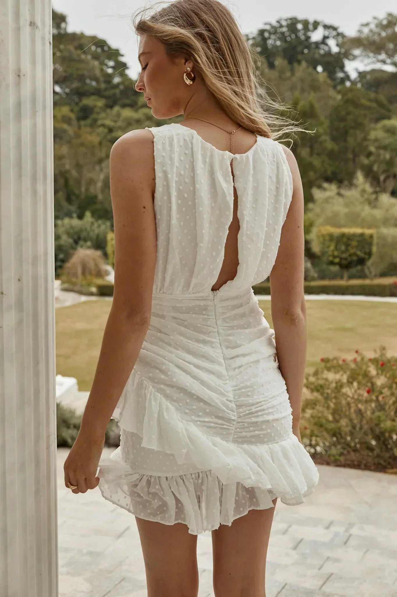 Cherish The Moment Ruched Ruffle Hail Spot Dress White - luluinthesky