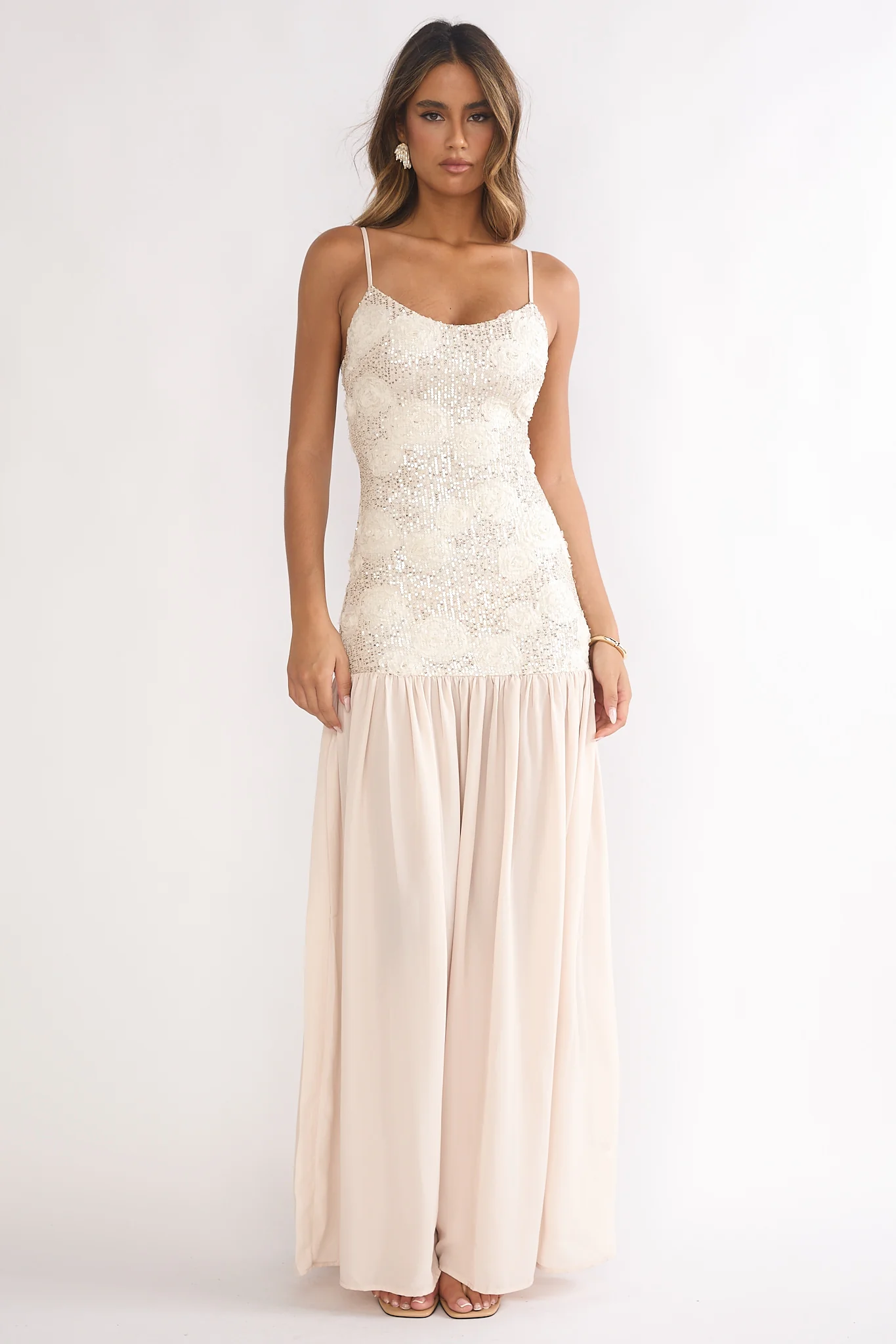 Opheliane Drop Waist Sequin Maxi Dress Champagne