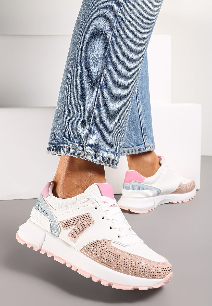 Biało-Beżowe Sneakersy Ozdobione Cyrkoniami na Podeszwie z Wycięciami Larzive