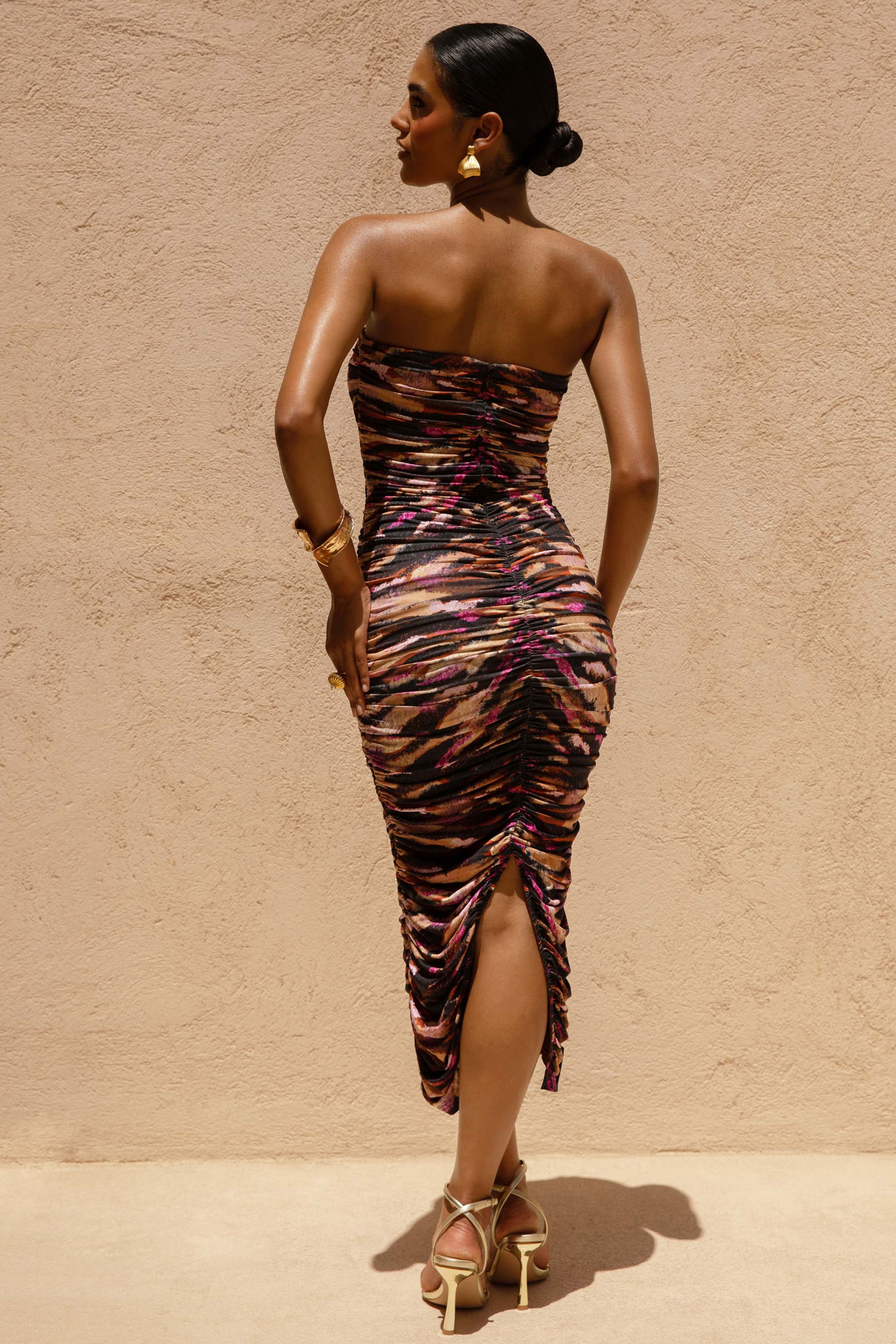 Spontaneity | Zebra Print Bandeau Ruched Midi Dress