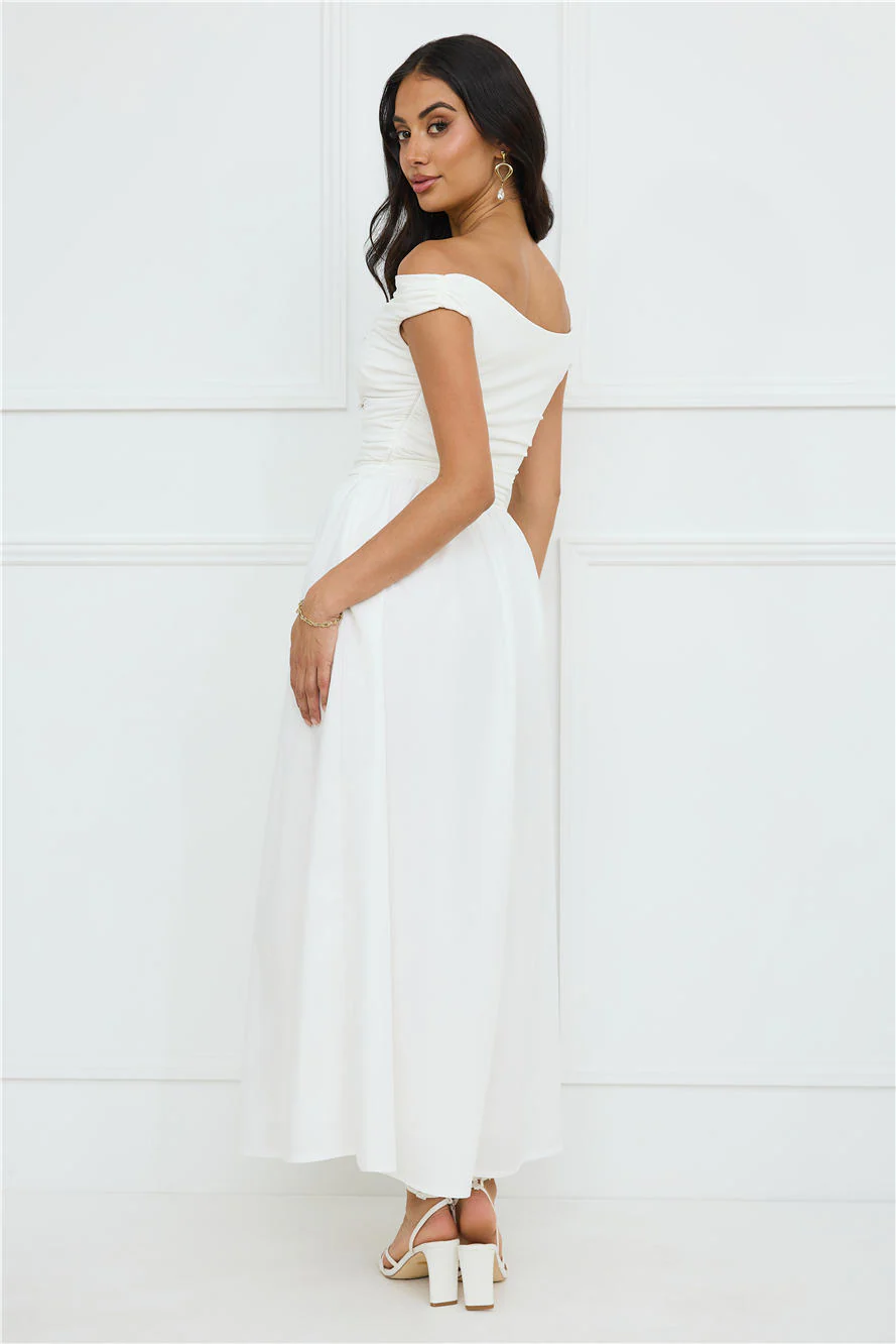 Camellia Charm Off Shoulder Maxi Dress White - luluinthesky