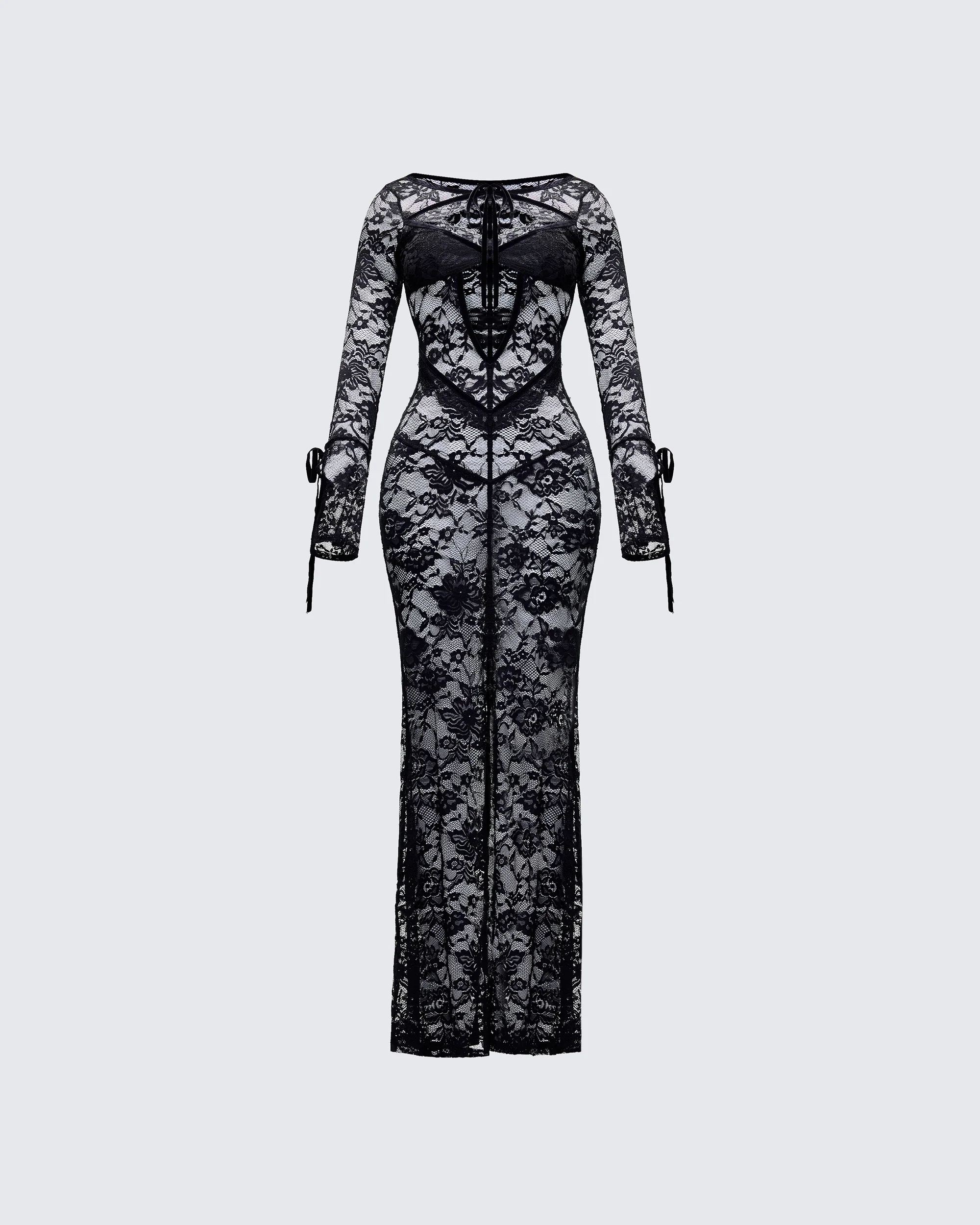 Sonia Black Sheer Peekaboo Lace Maxi Dress