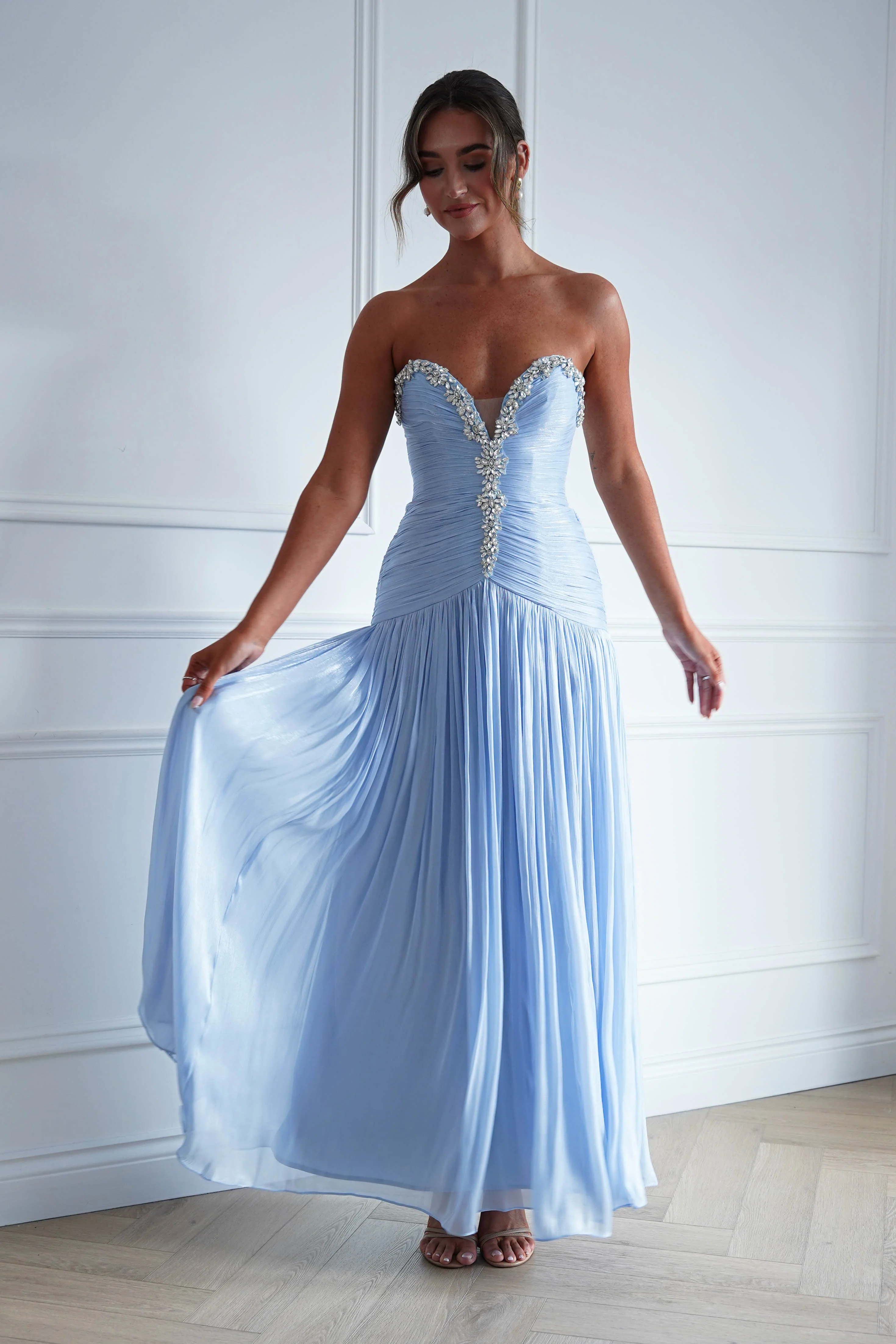 Estella Diamante Trim Ruched Maxi Gown | Blue