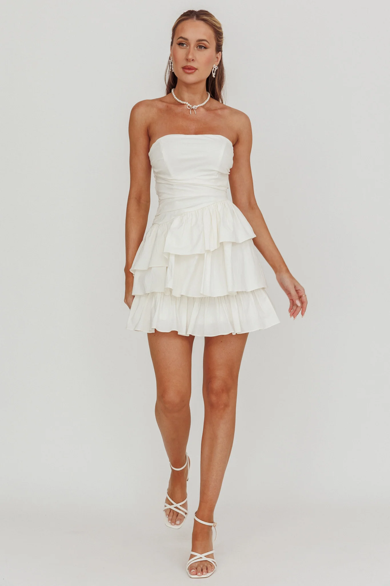 Destini Strapless Layered Frill Mini Dress Off White - luluinthesky