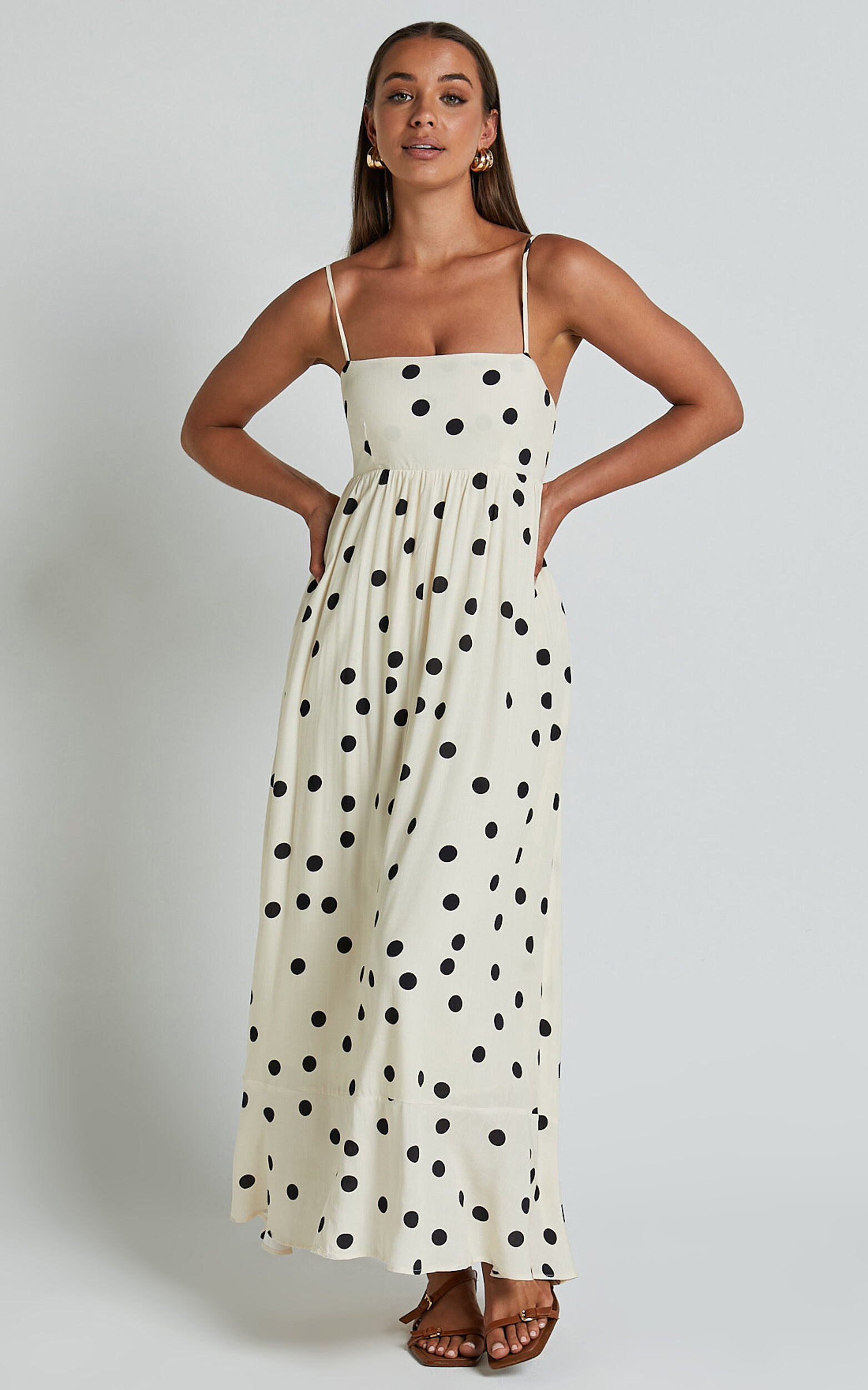 Miriam Midi Linen Dress - Strappy Straight Neck A Line Dress in Beige & Black Spot