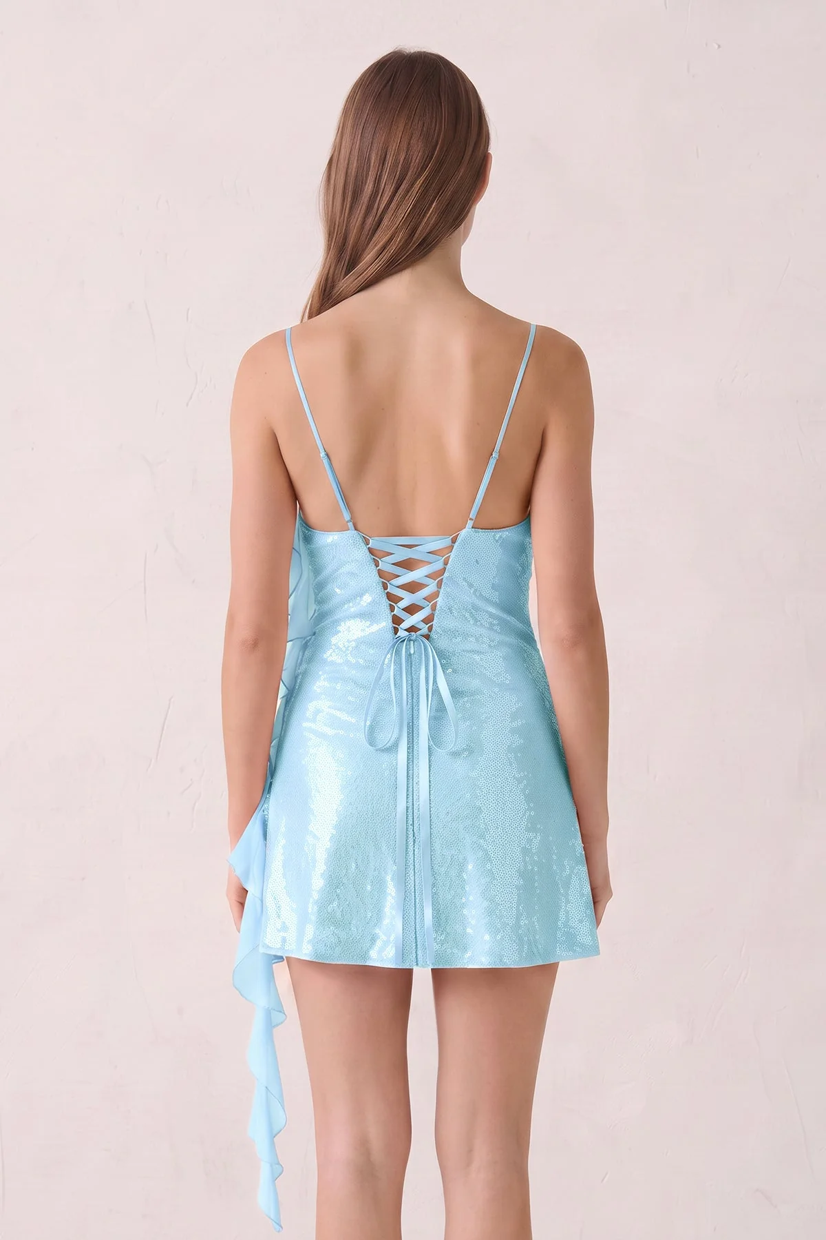 Pink Spaghetti Straps Sequin Ruched Ruffled Sheath Homecoming Dress