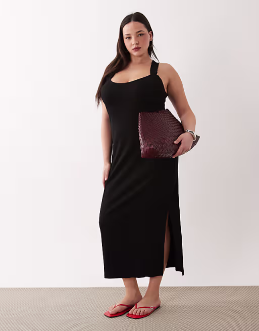 Curve scoop front racer seam detail midi dress in black