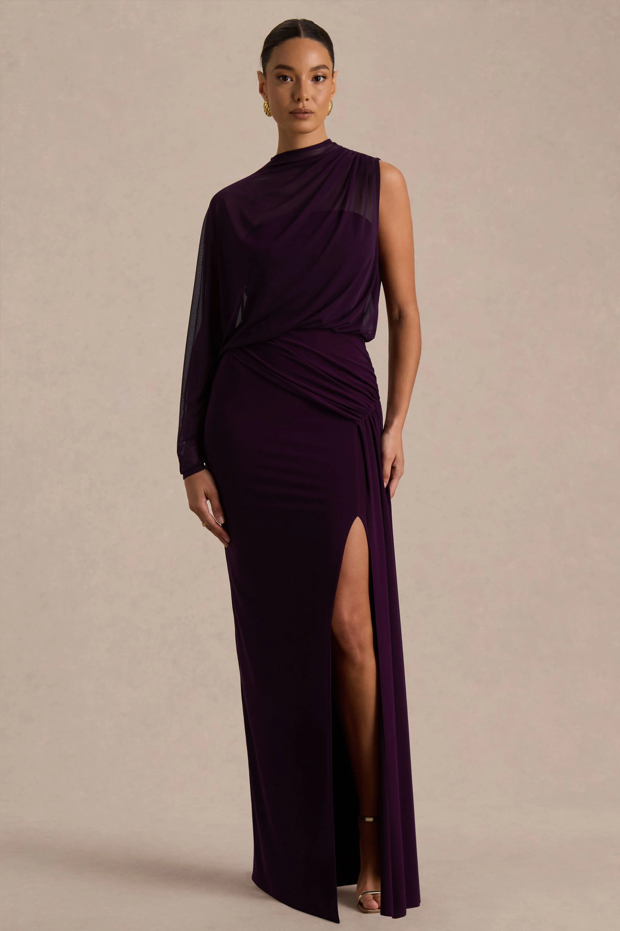 Aurelia | Dark Plum High-Neck Wrapped Maxi Dress With One-Cape Sleeve