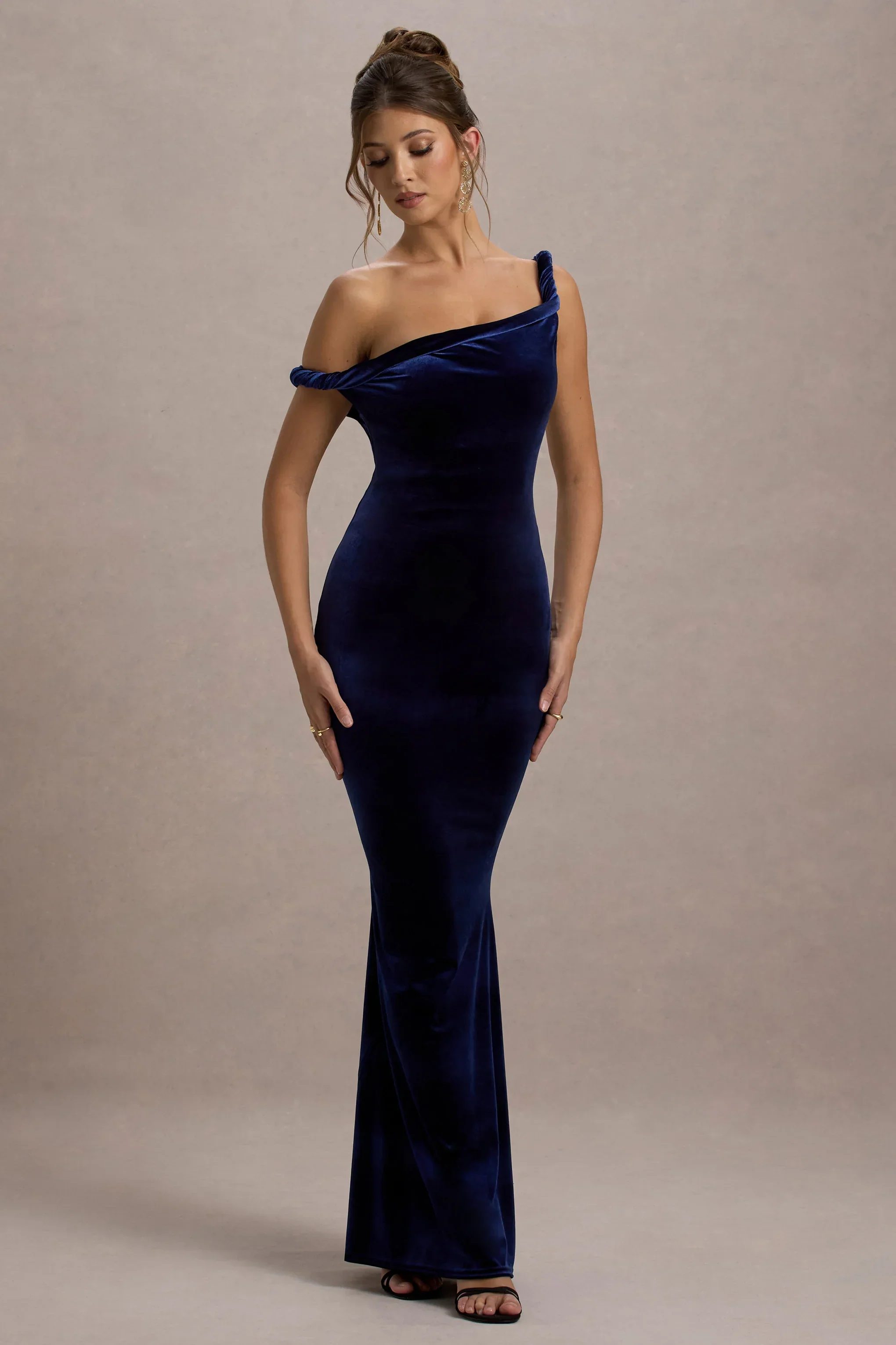 Neeka | Navy Velvet Twisted Asymmetric Maxi Dress