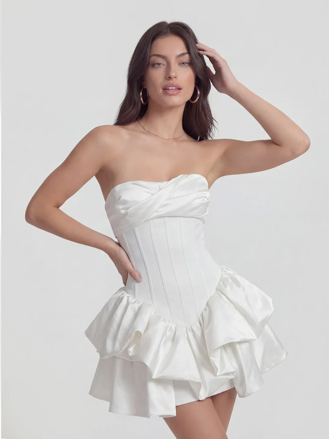 Lustrous Draped Bustier Tiered Ruffle Mini Dress