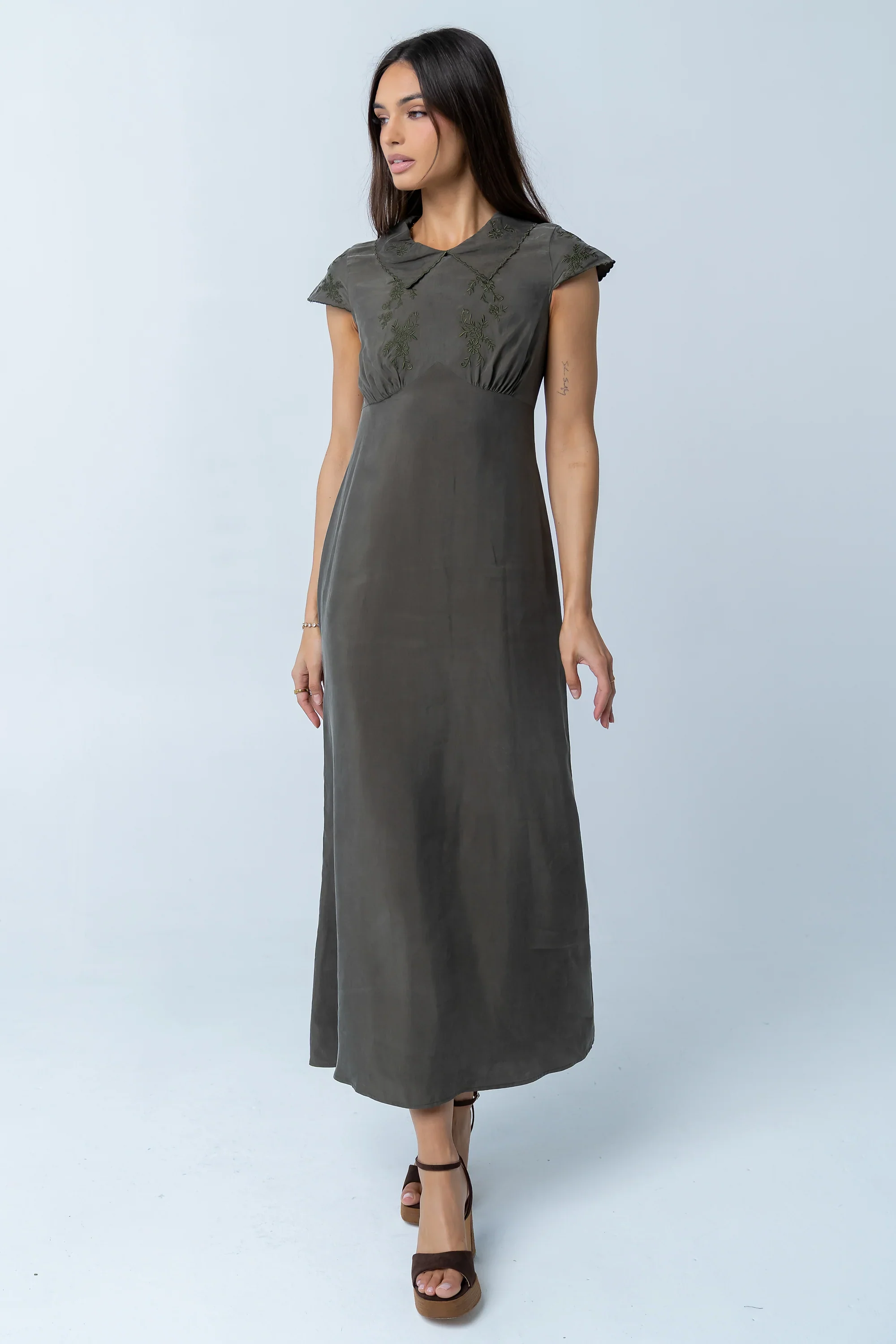 Tammy Embroidered Maxi Dress in Olive