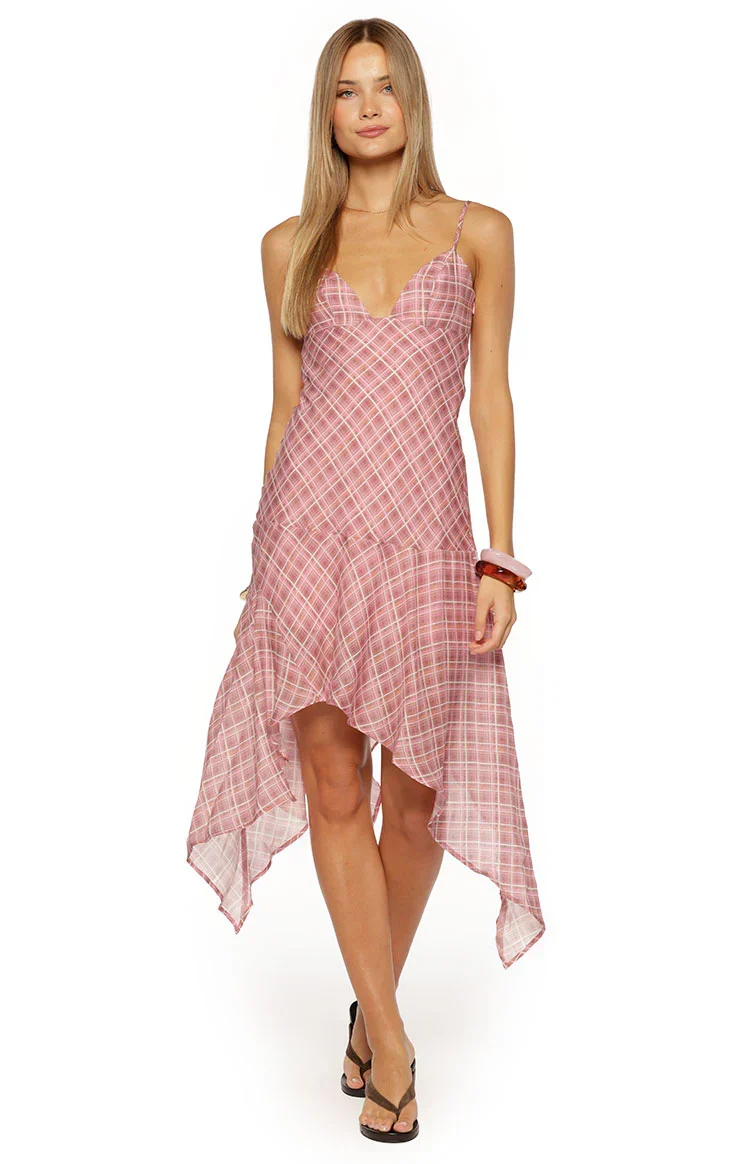 Milla Pink Plaid Hanky Hem Midi Dress