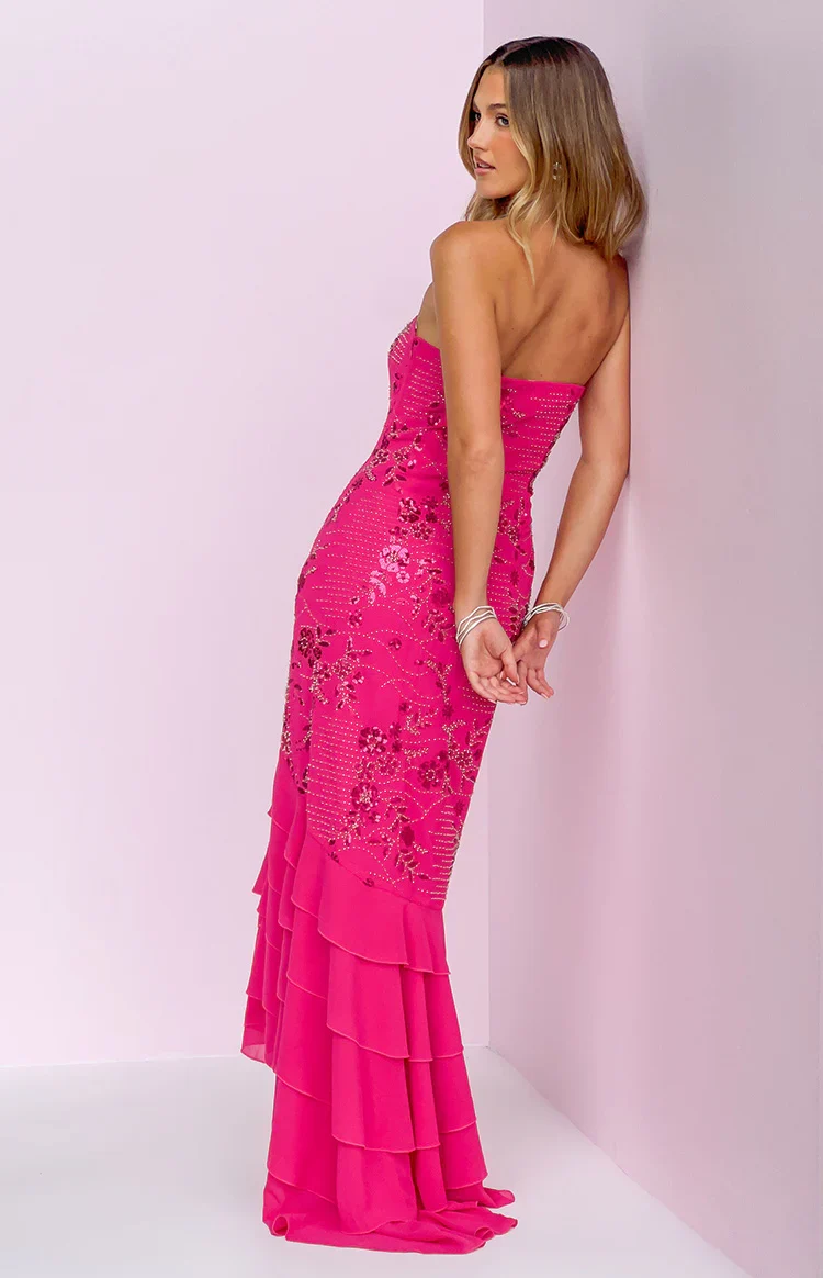 Khai Pink Ruffle Maxi Scarf Beaded Dress