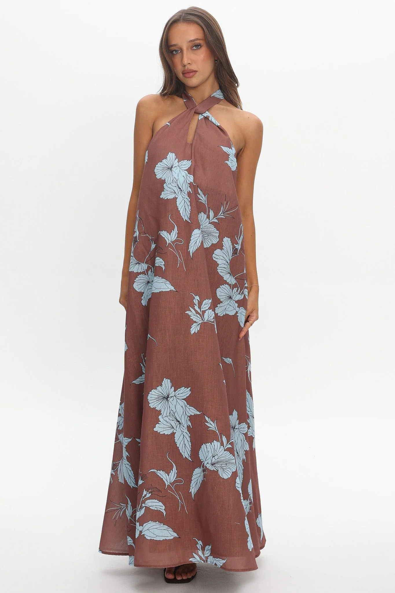 Cheer Backless Halter Maxi Dress Print Floral Chocolate