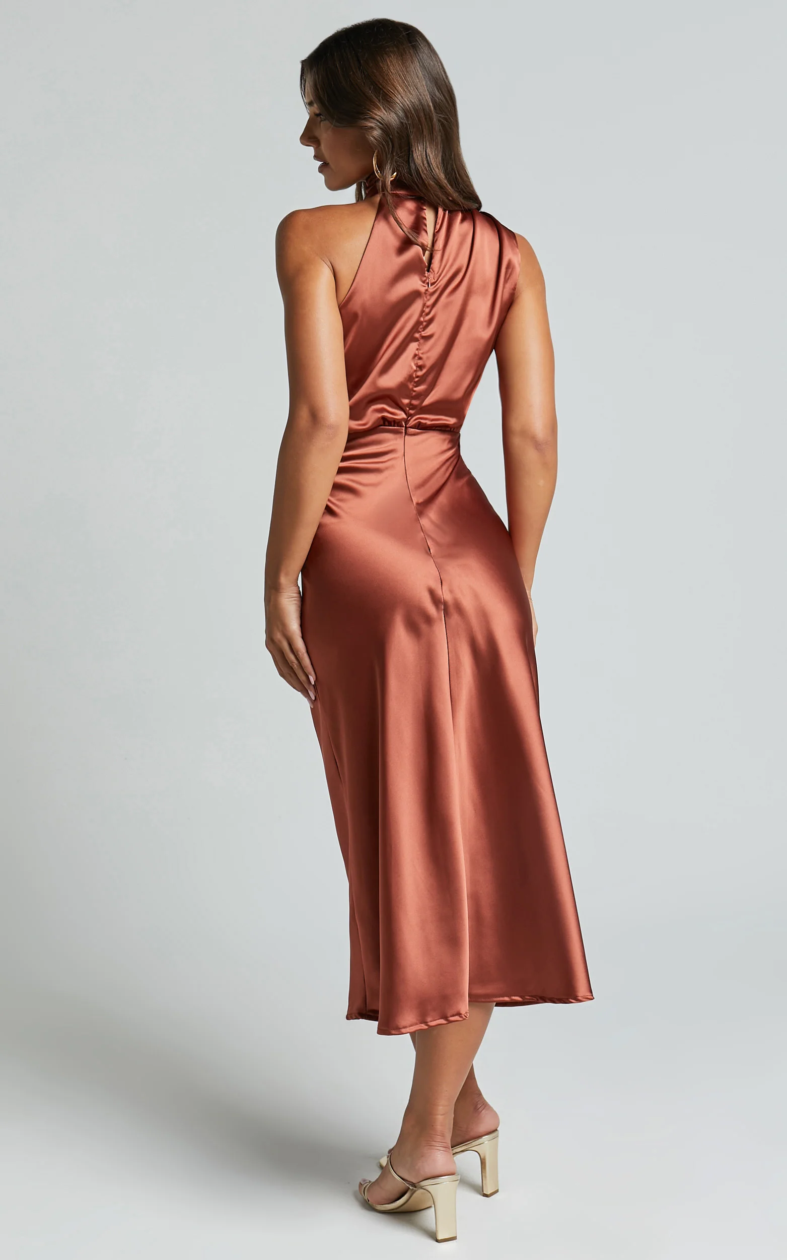 Minnie Midi Dress - Drape Neck Satin Slip Dress in Copper