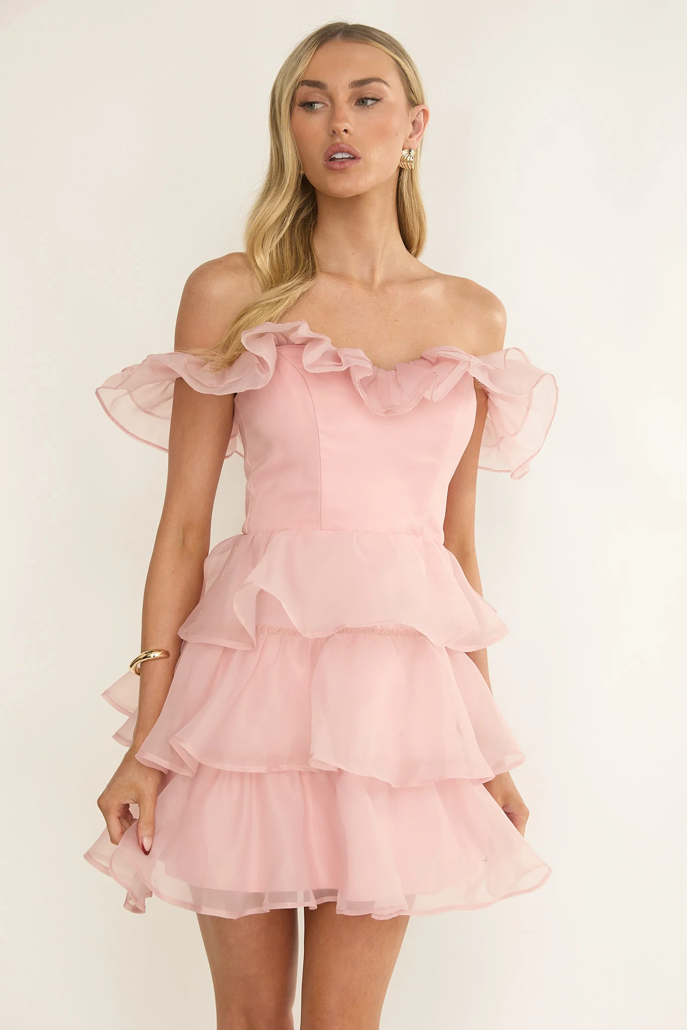 Rosira Off-Shoulder Ruffle Mini Dress Pink