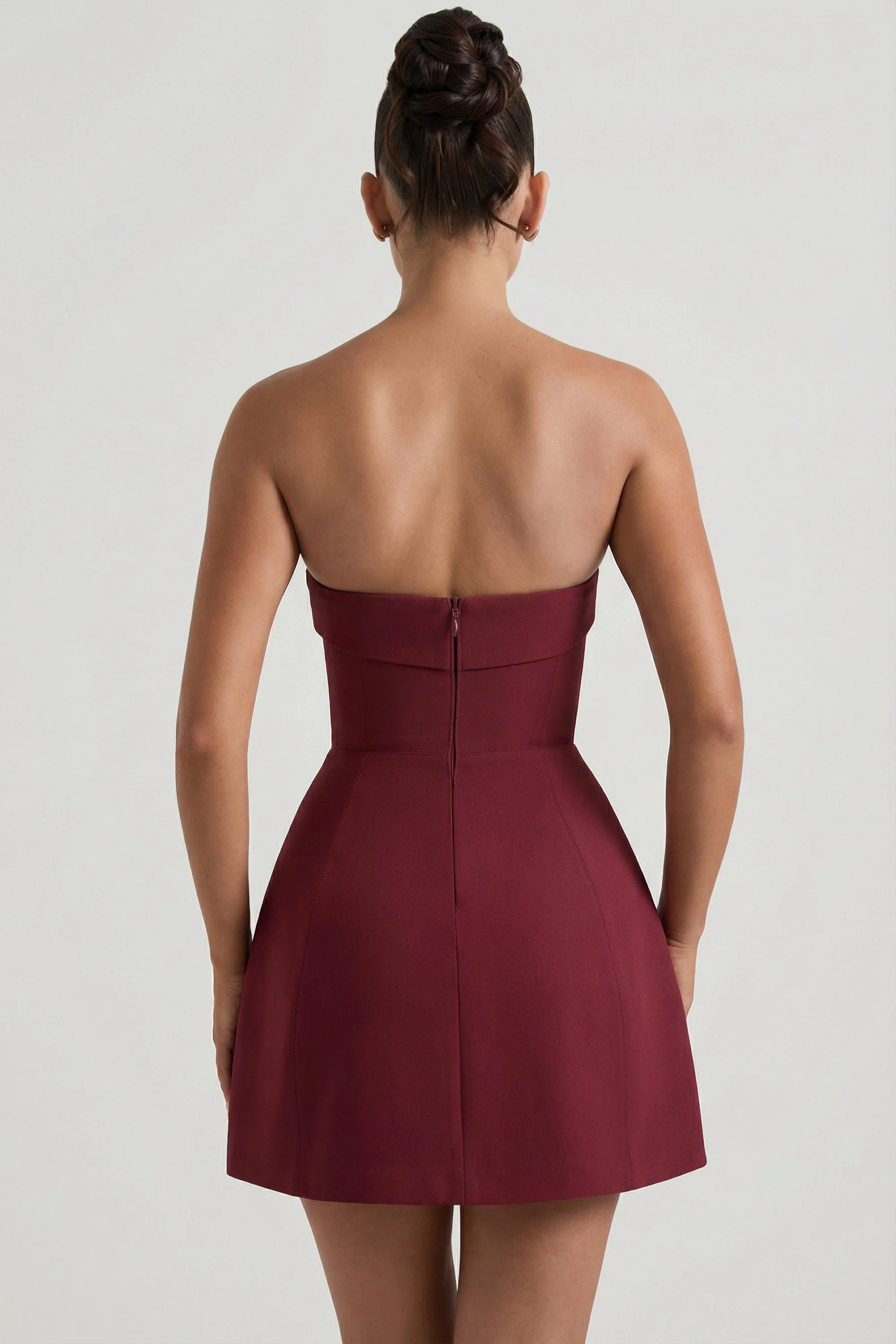 Foldover-Neck Strapless Structured A-Line Mini Dress in Wine Red