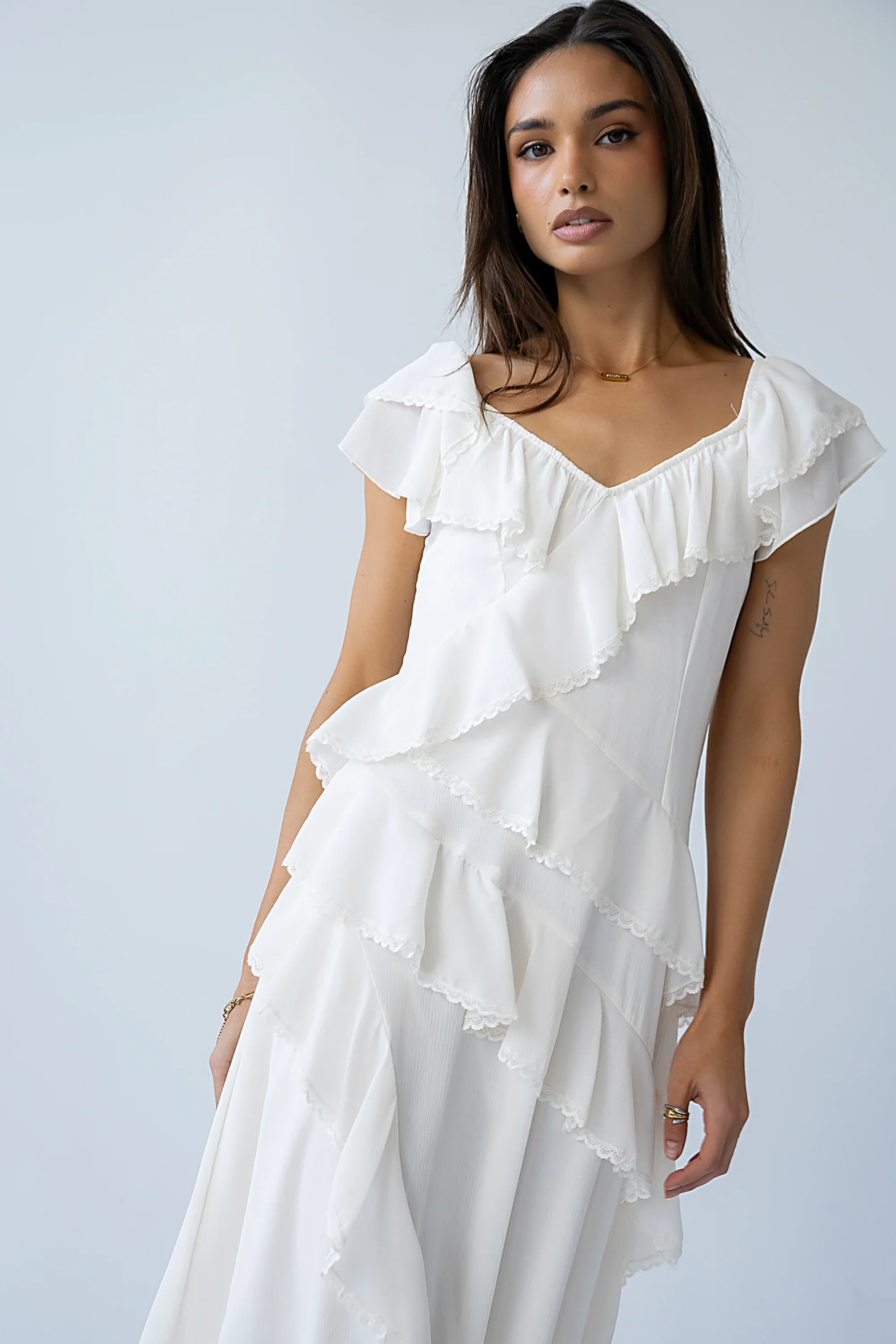 Quinton Ruffle Maxi Dress in Cream