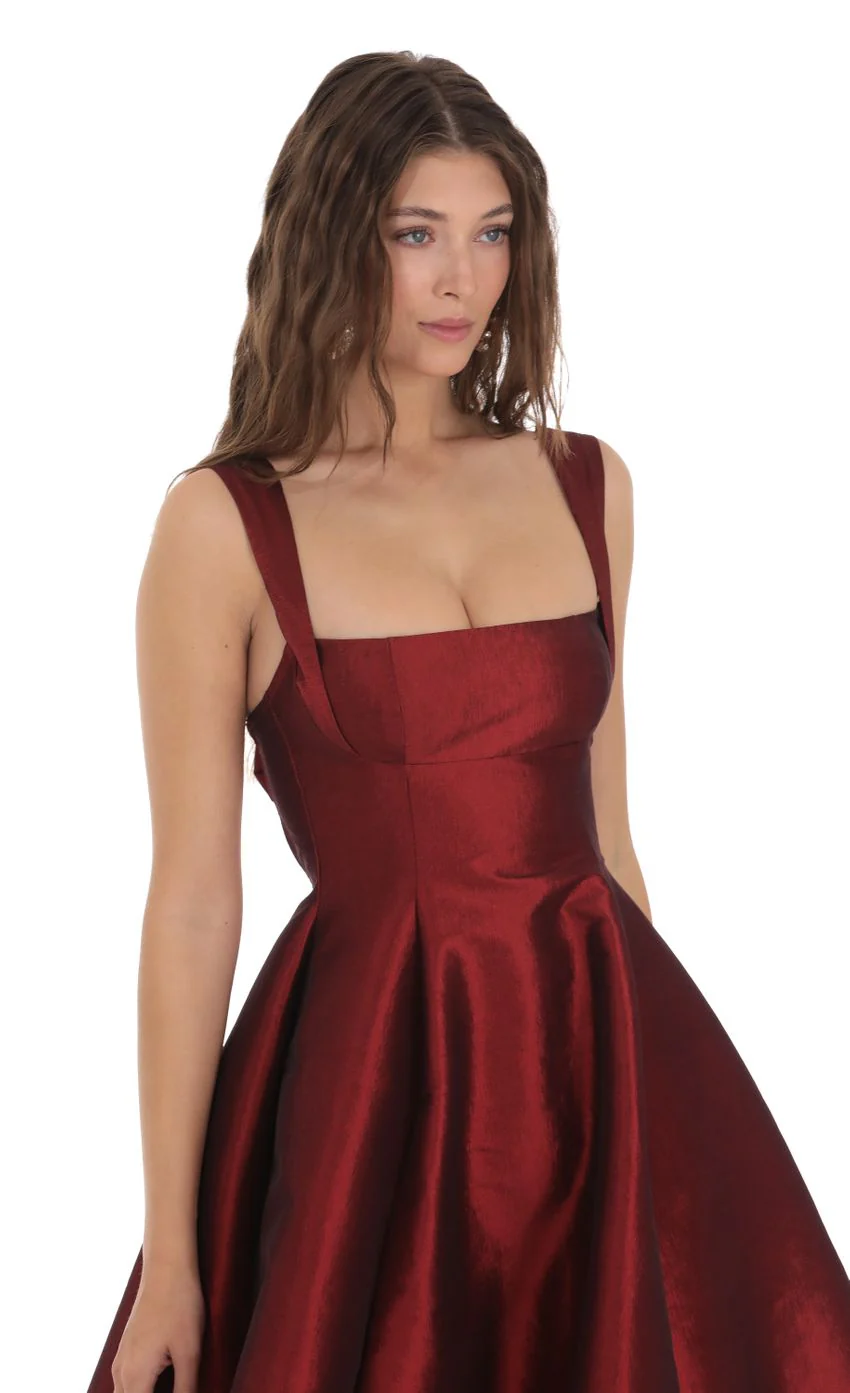 Square Neck Flare Midi Dress in Maroon - luluinthesky