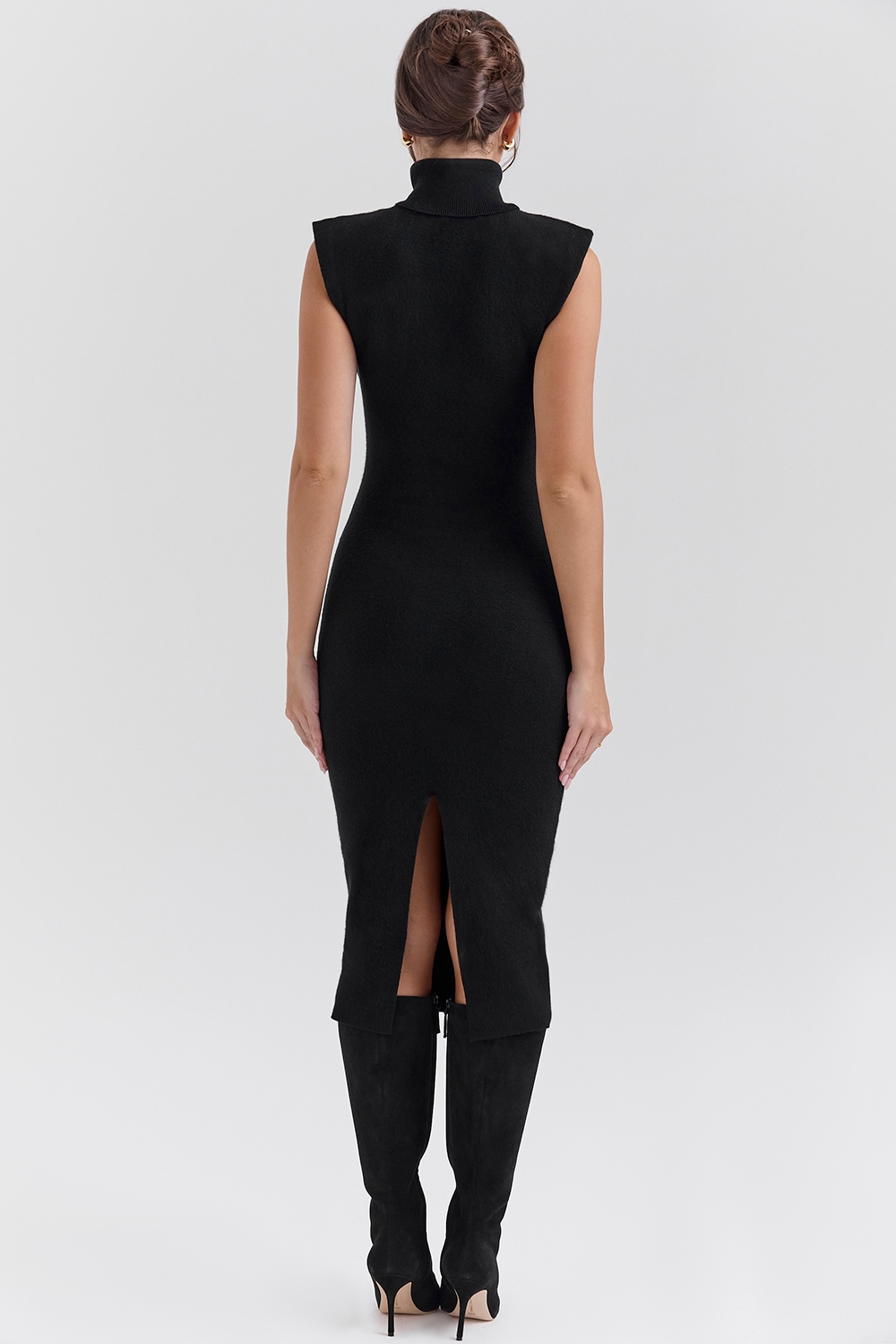 Black Cashmere Blend Turtle Neck Midi Dress