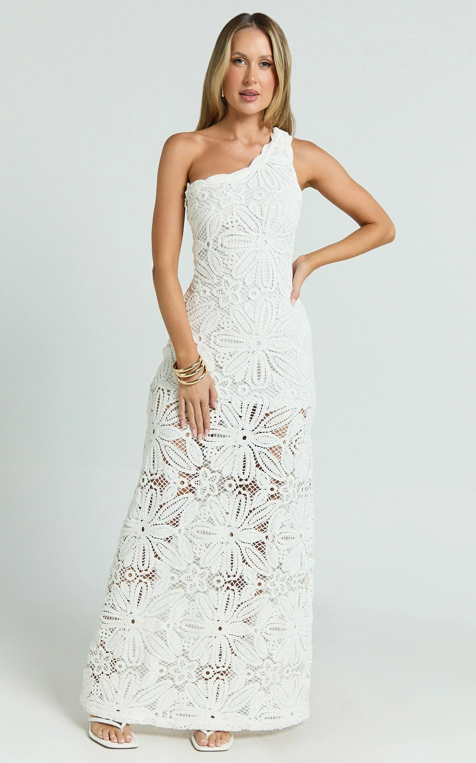 Charlene Maxi Dress - Crochet Knitted One Shoulder Maxi Dress in White - luluinthesky