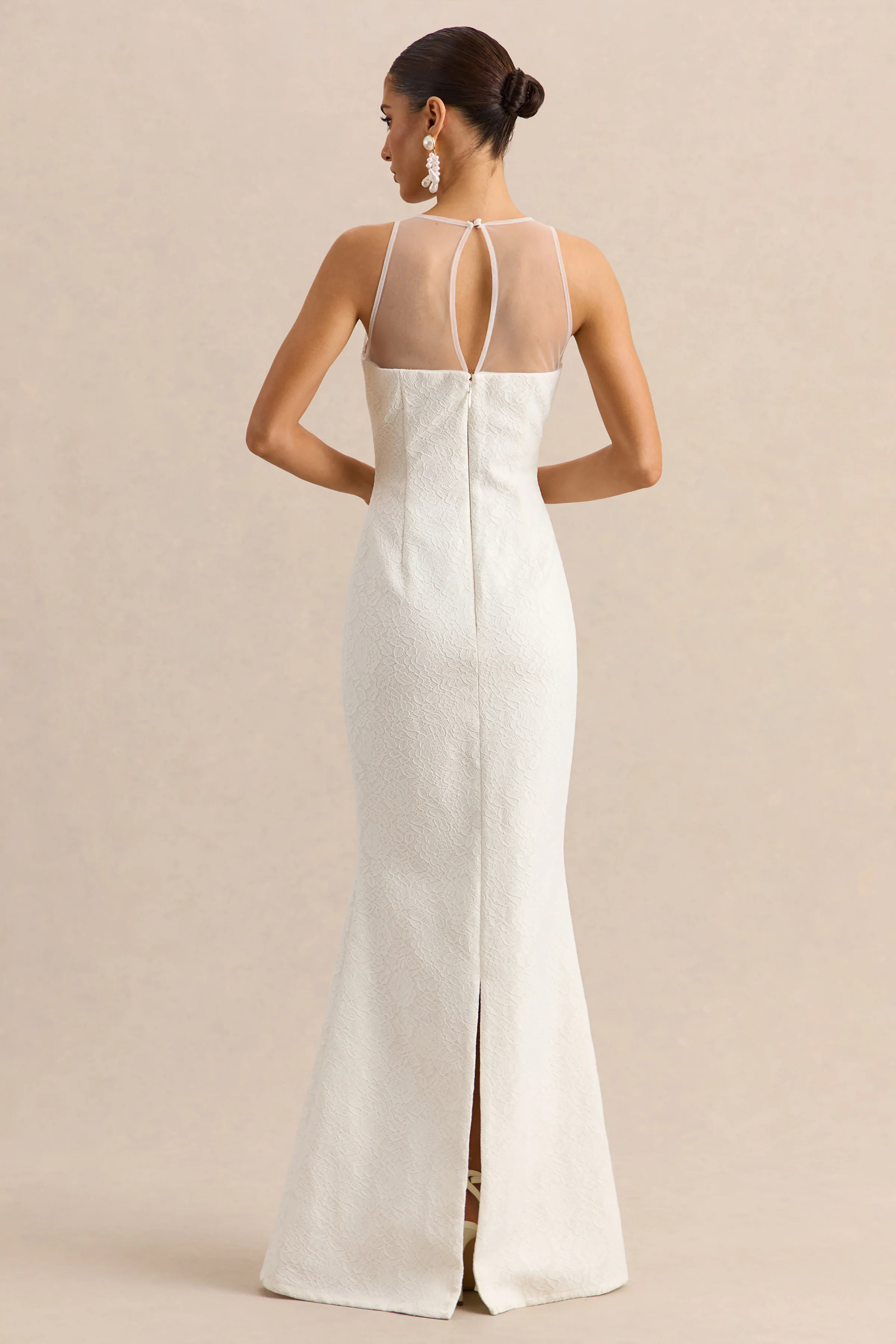 Rosevine | White Lace Crew-Neck Maxi Dress With Mesh Panel