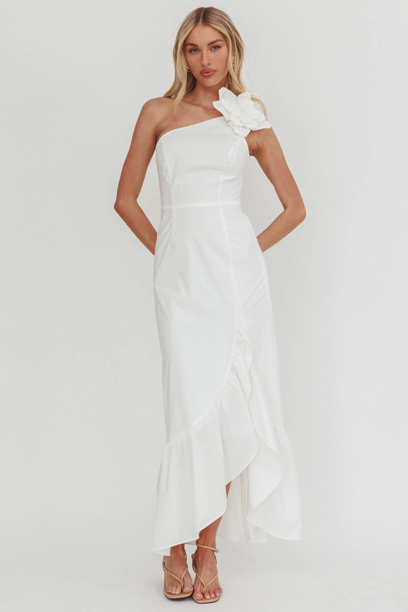 Dena One-Shoulder Frill Hem Maxi Dress White - luluinthesky
