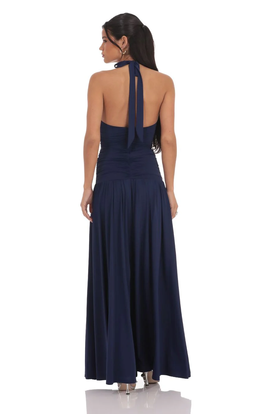 Halter Drop Waist Maxi Dress in Navy - luluinthesky