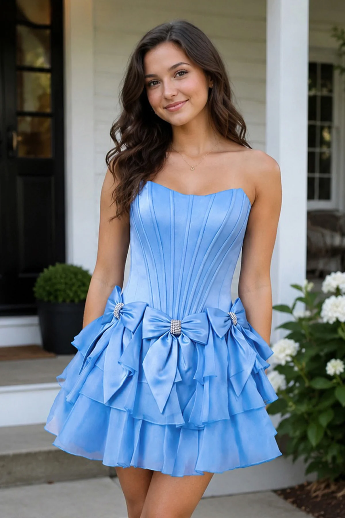 Periwinkle A Line Scoop Neck Ruffles Corset Homecoming Dresses with Bows