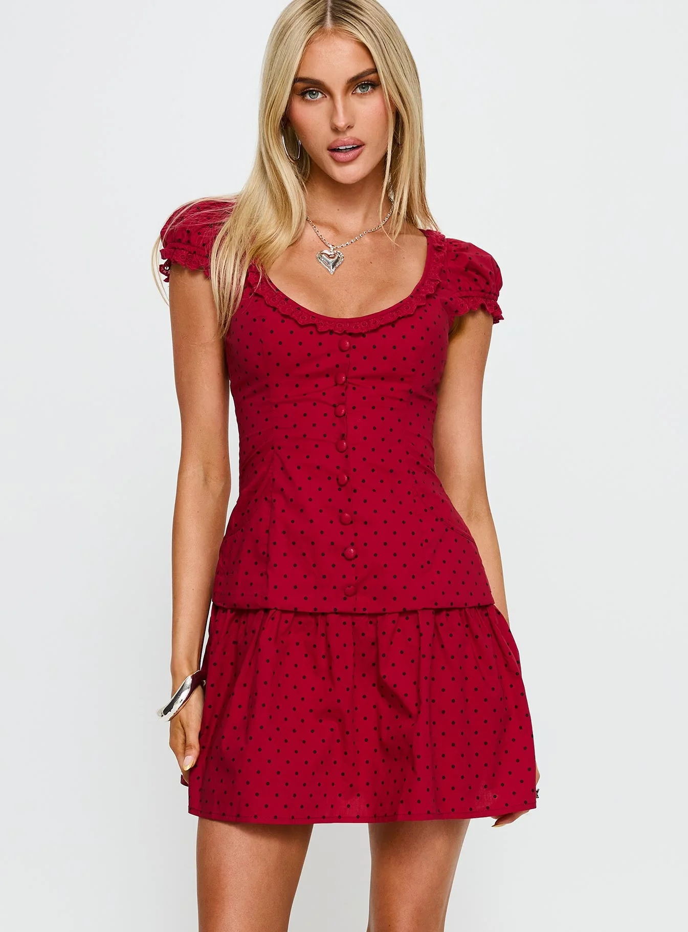 Ottillie Lace Trim Button Down Mini Dress Red Polka Dot