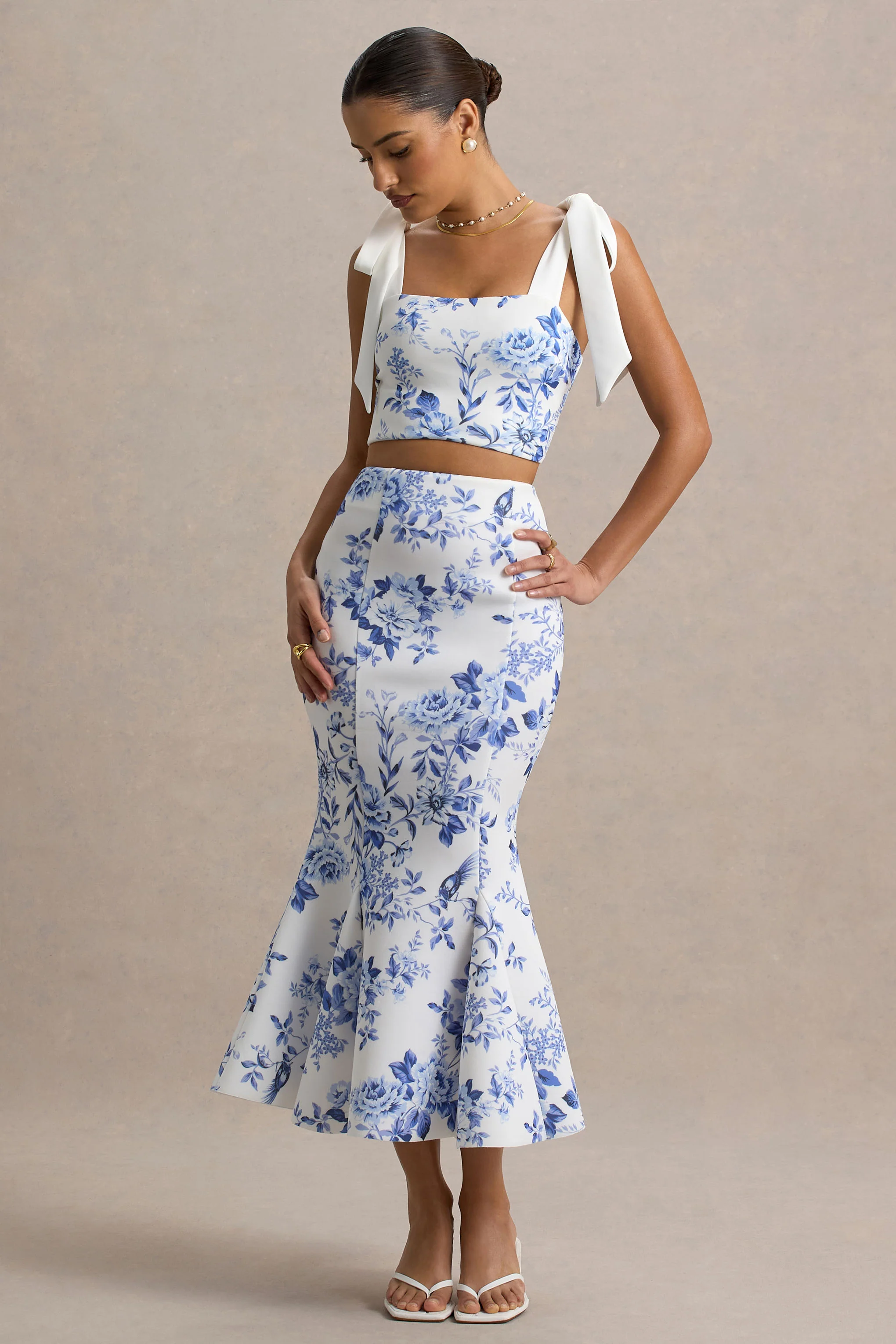 Amadea | Blue Porcelain Print Fishtail Midi Skirt