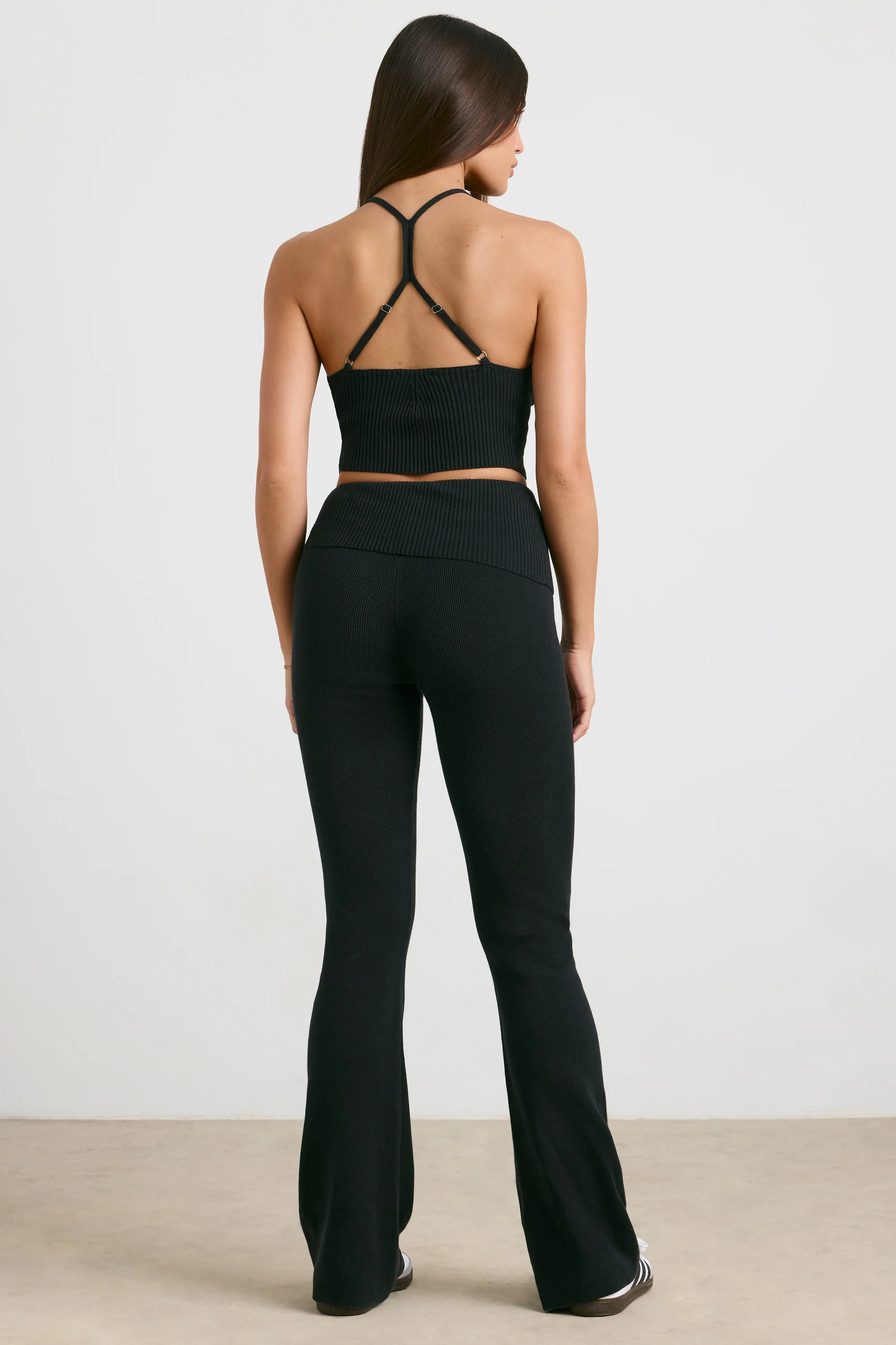Chunky Knit Foldover Kick Flare Trousers in Black