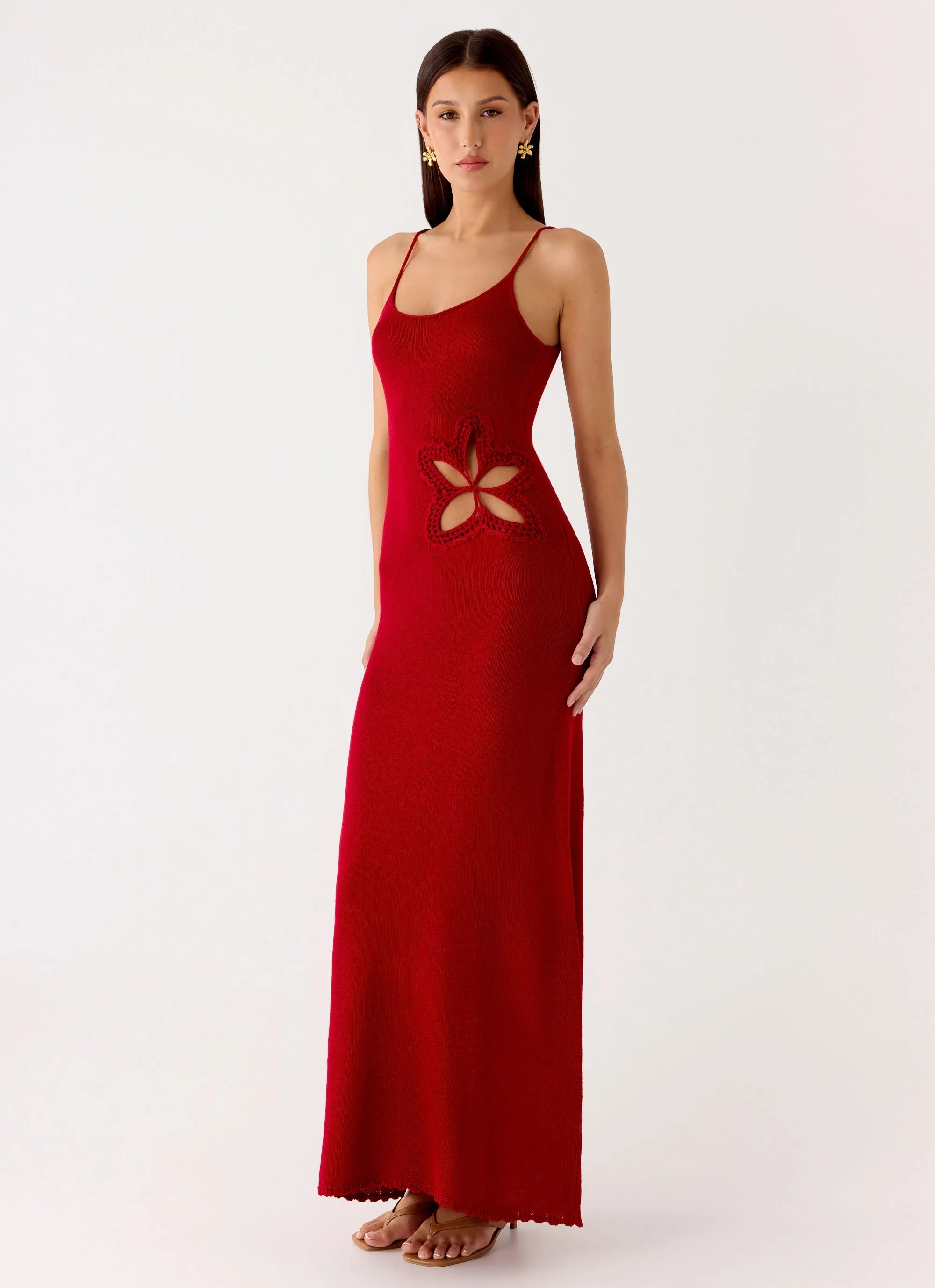 Palm Breeze Flower Crochet Maxi Dress - Burnt Red