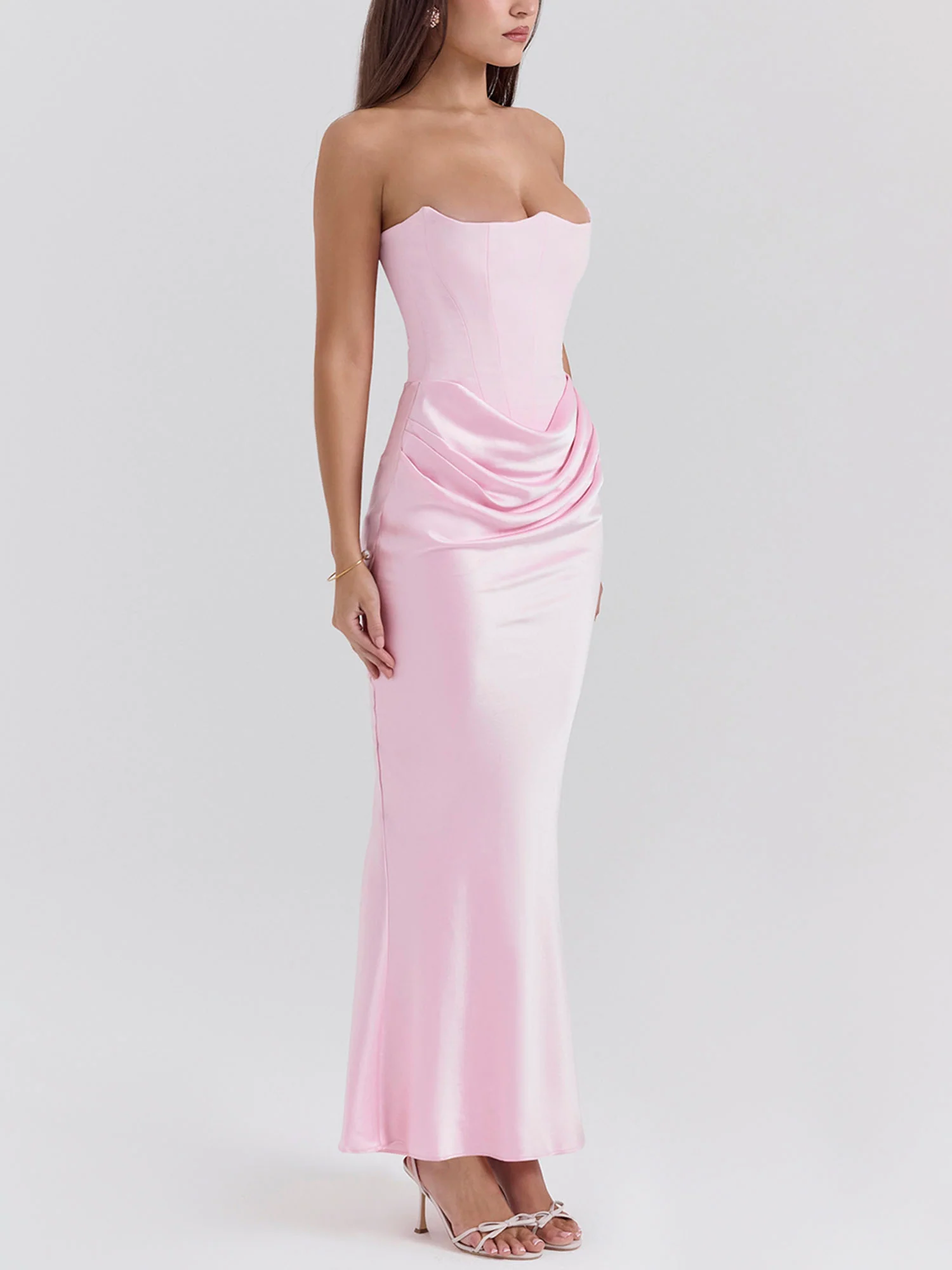Pink Strapless Draped Bodycon Maxi Dress