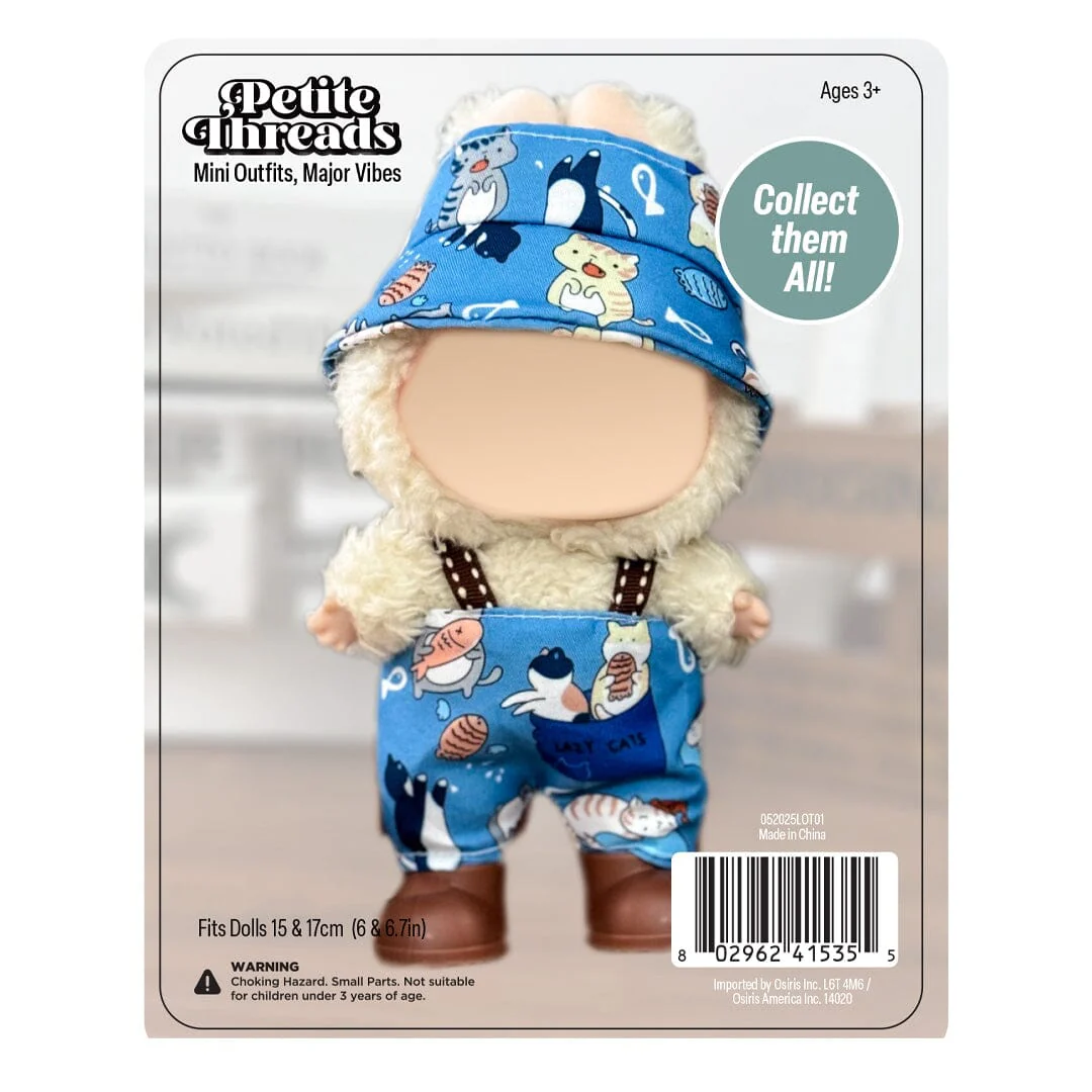 Outfit: Blue Cat Print Overalls & Hat for Dolls - Petite Threads
