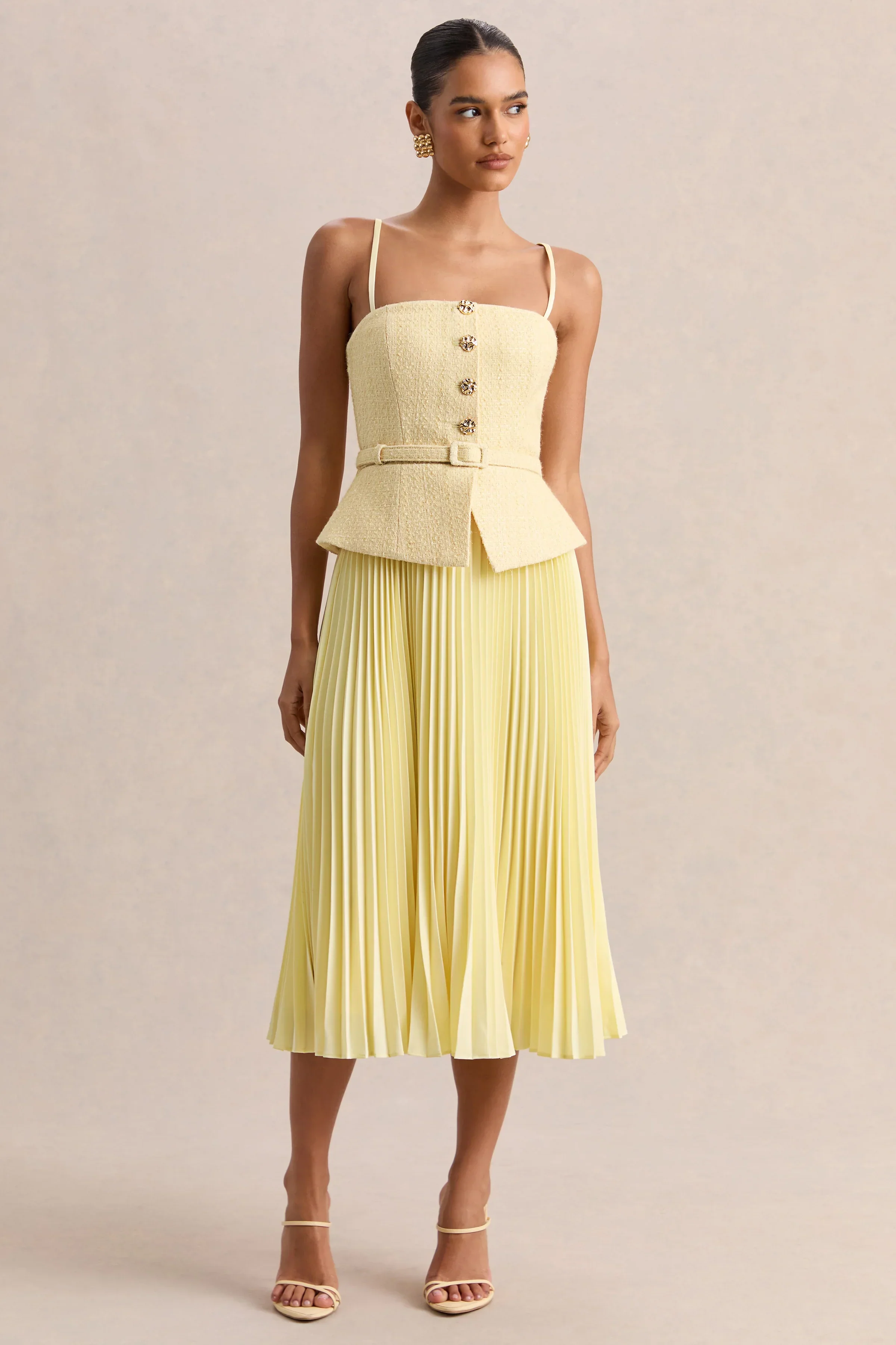 Lizzy | Lemon Square-Neck Midi Dress With Pleated-Skirt