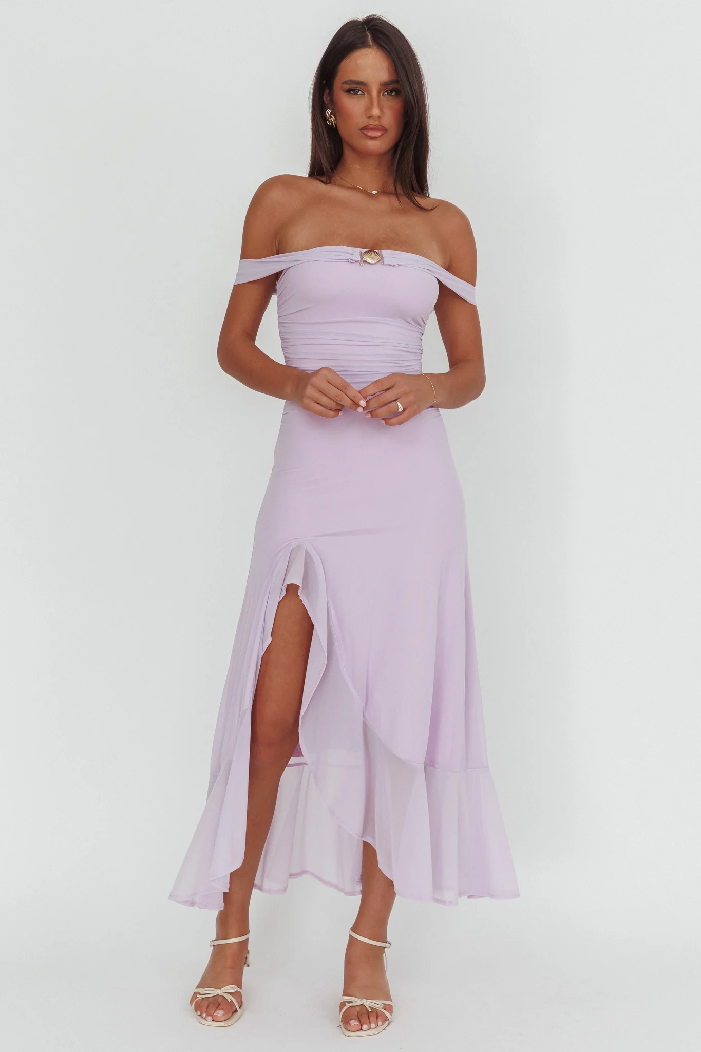 Moonlit Magic Off-Shoulder Split Maxi Dress Lilac