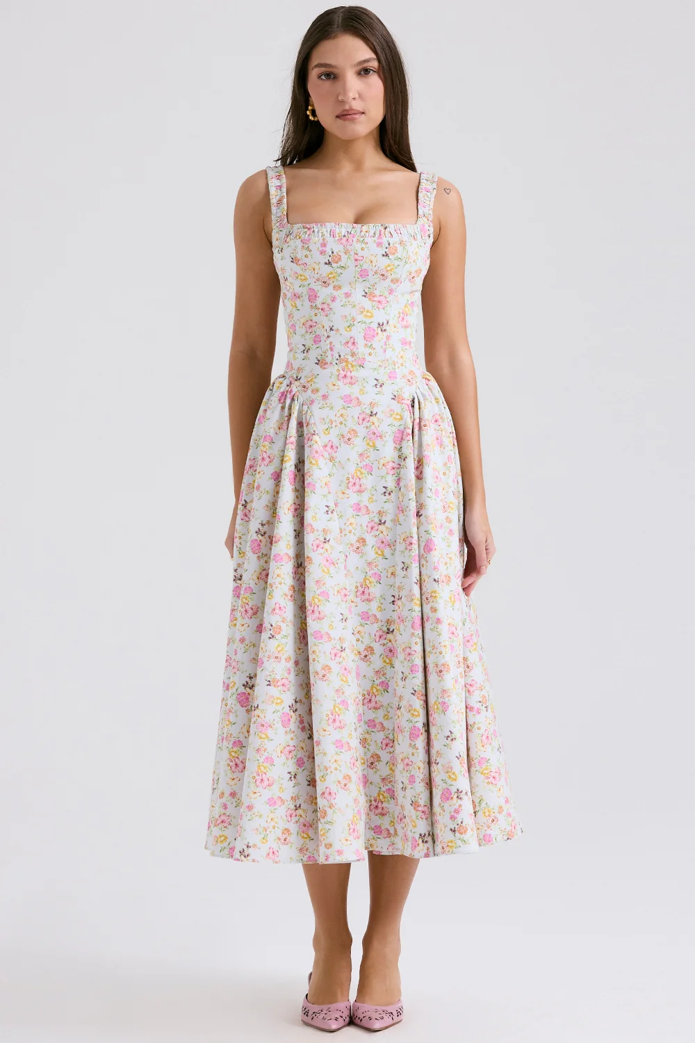 Pale Blue Meadow Print Cotton Midi Sundress