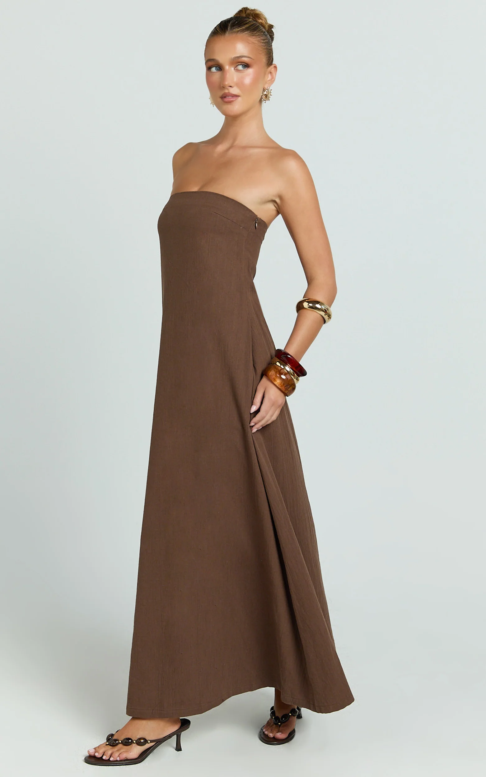 Emmie Midi Dress - Strapless Trapeze Dress in Chocolate