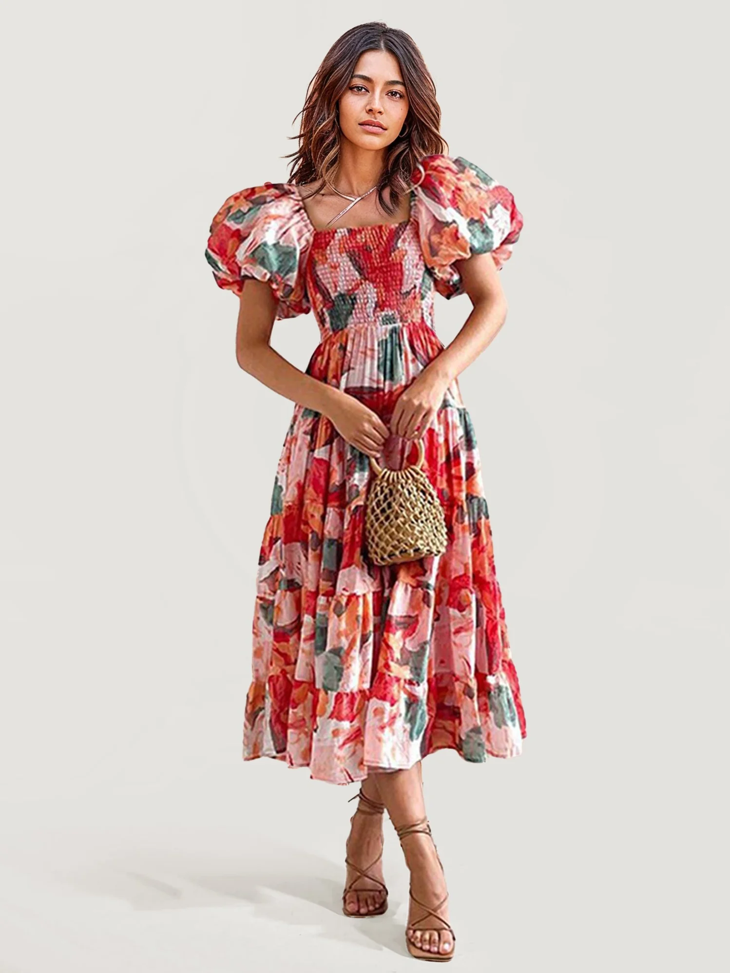 Floral Puff Sleeve Midi Dress