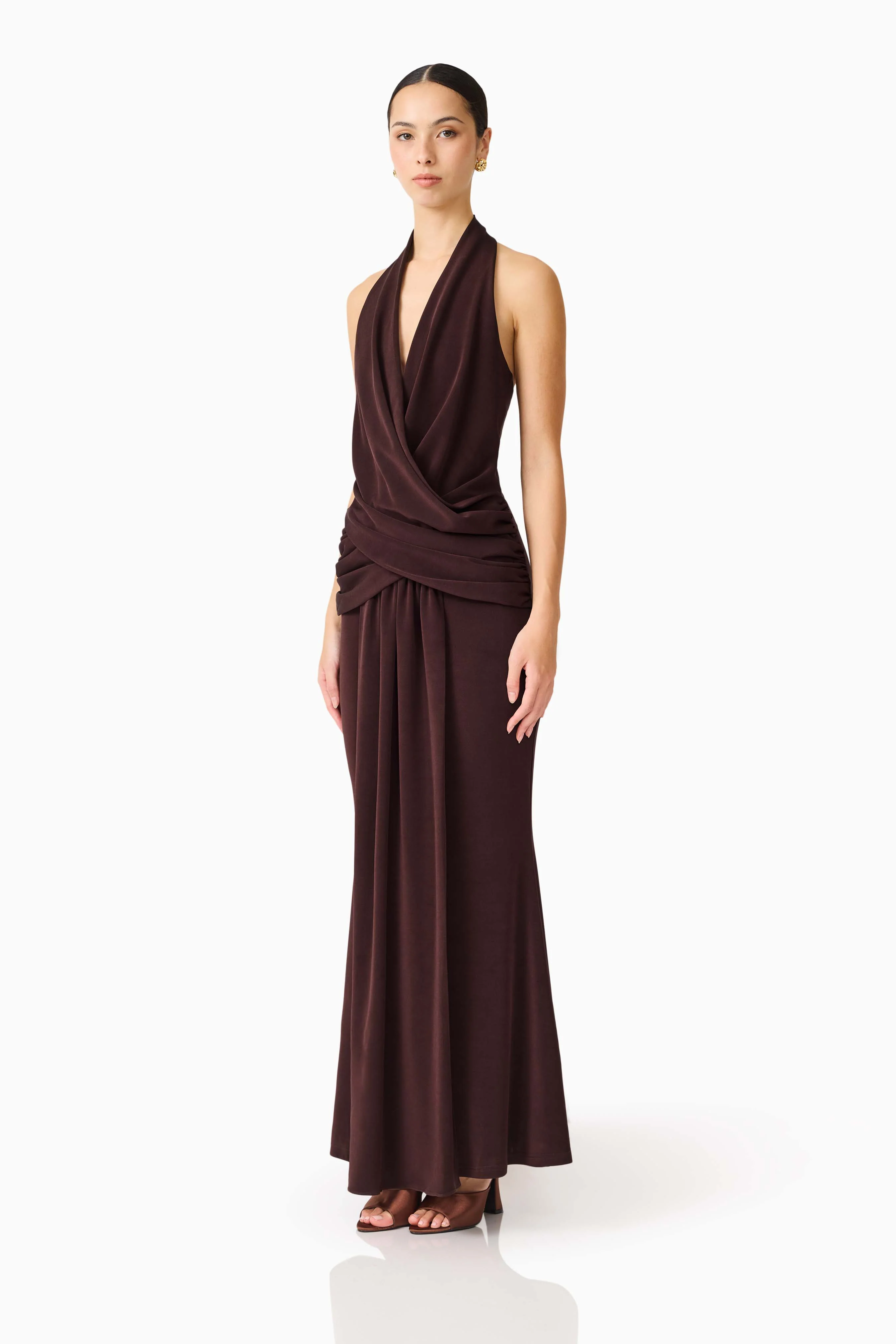 Simone Cowl Neck Gown in Chocolate Brown