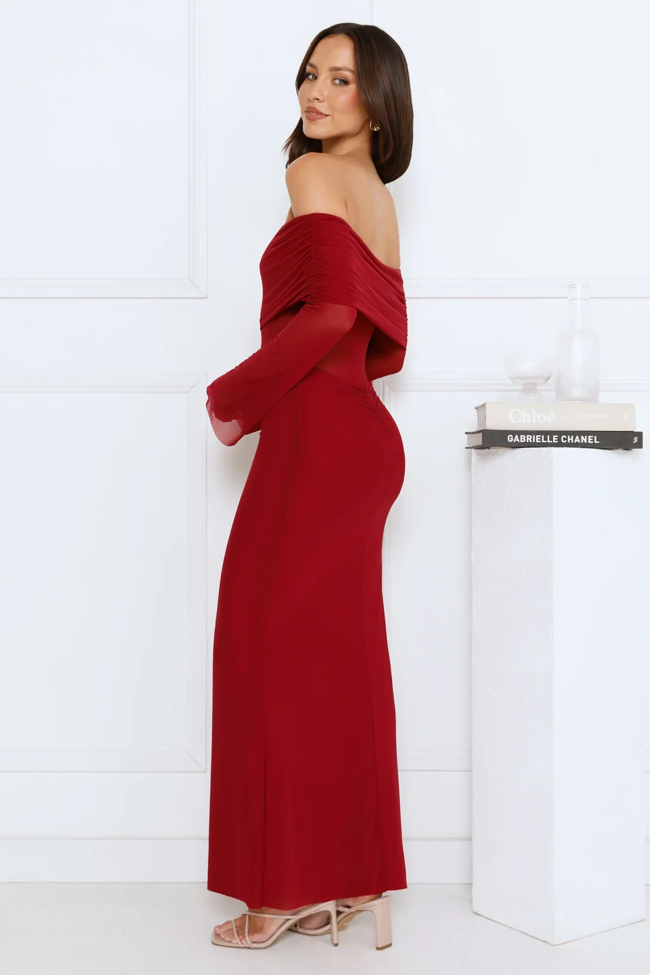 Softspell Off Shoulder Mesh Maxi Dress Burgundy