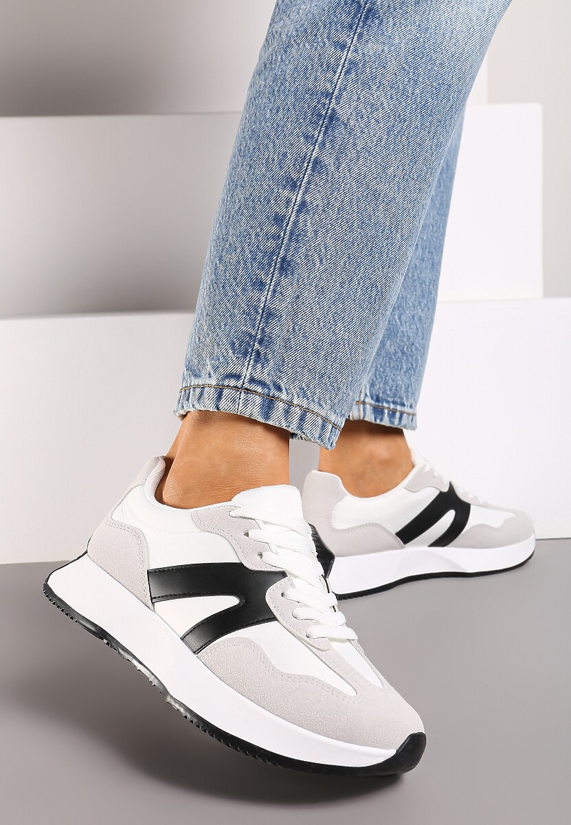 Beżowo-Brązowe Sneakersy na Płaskiej Podeszwie z Geometryczną Wstawką i Wzorem w Krowie Łaty Sewla