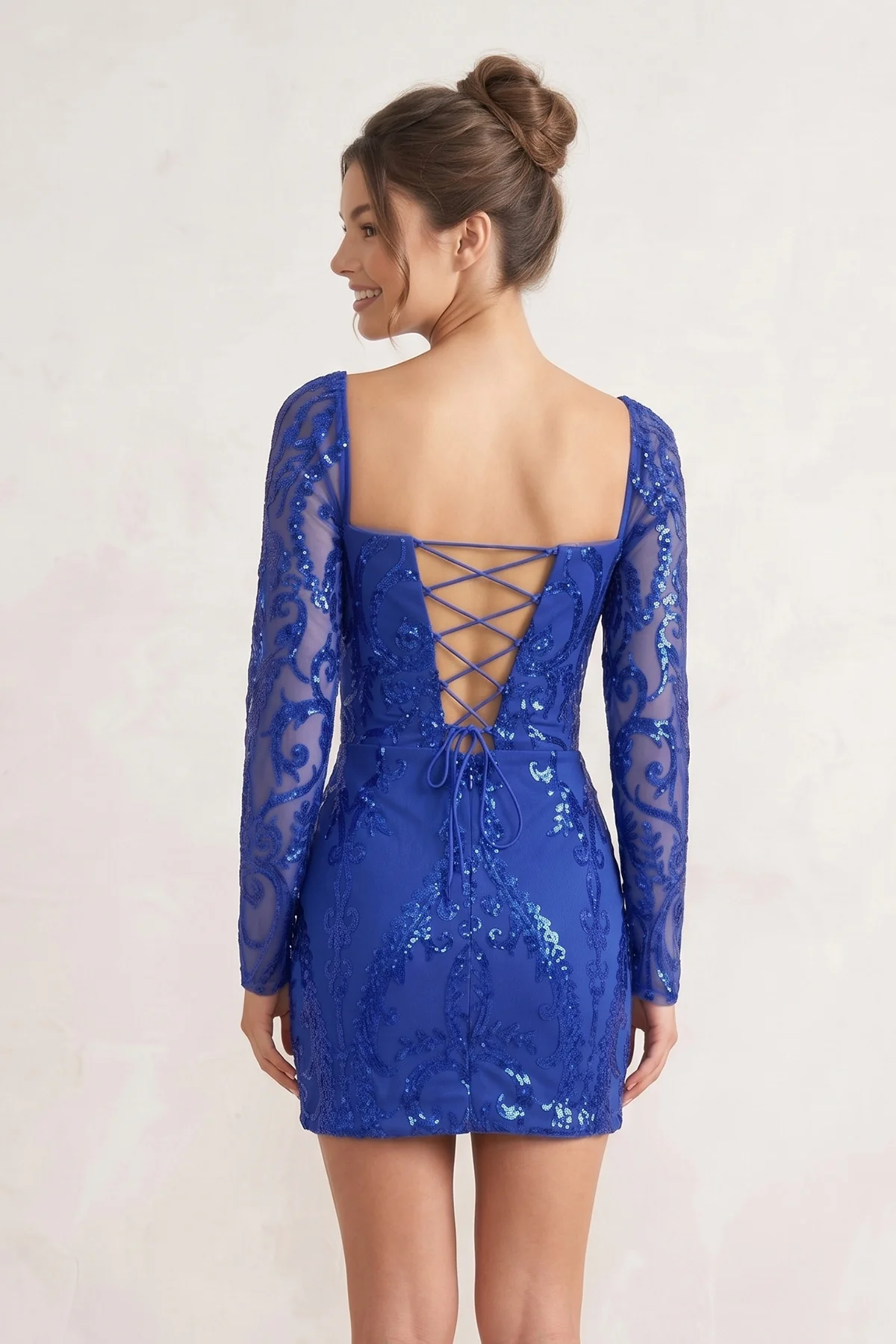 Royal Blue - Square Neck Sheath Long Sleeves Sequins Mini Homecoming Dresses