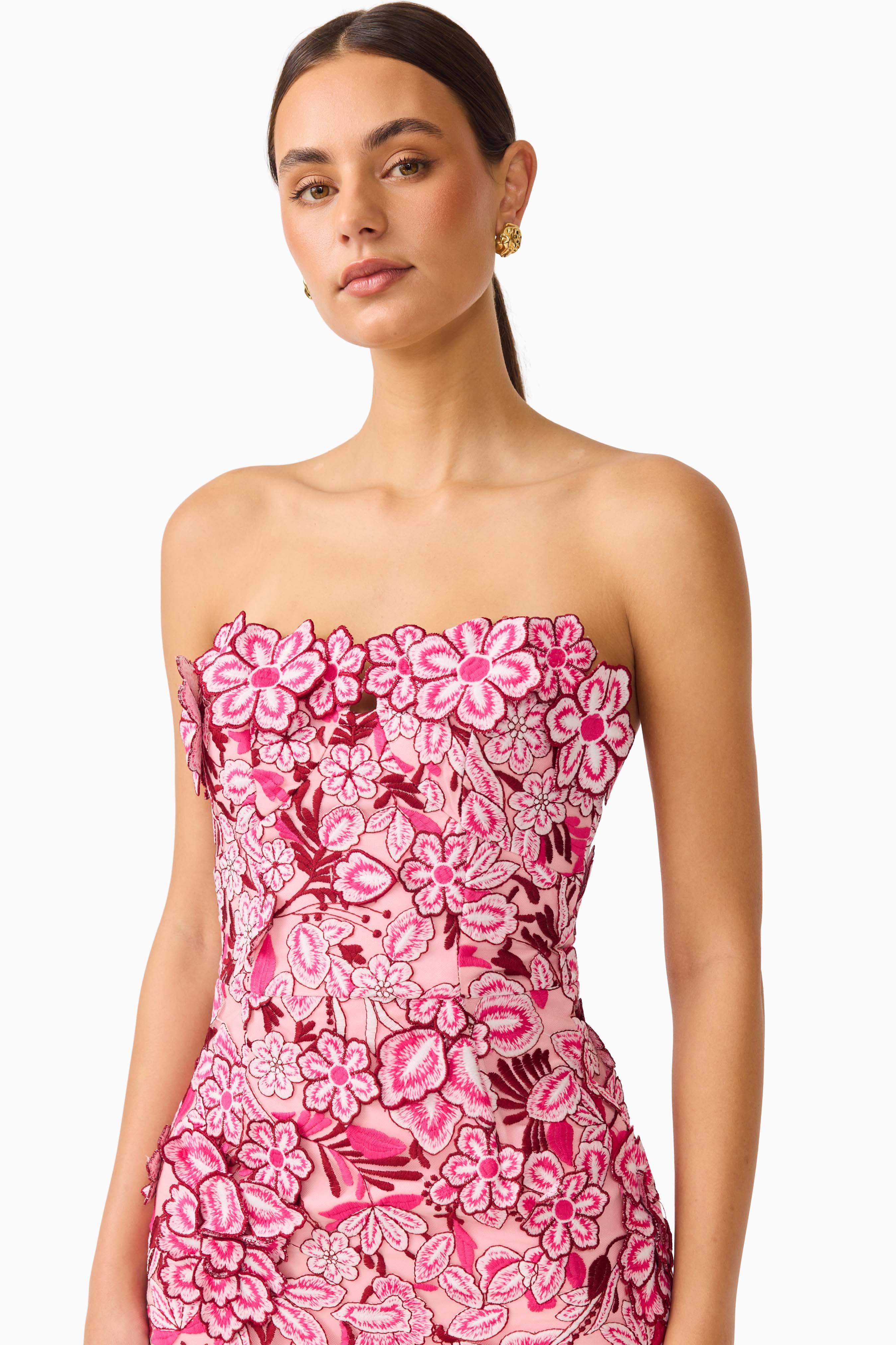 Roseate Strapless Midi Dress in Pink
