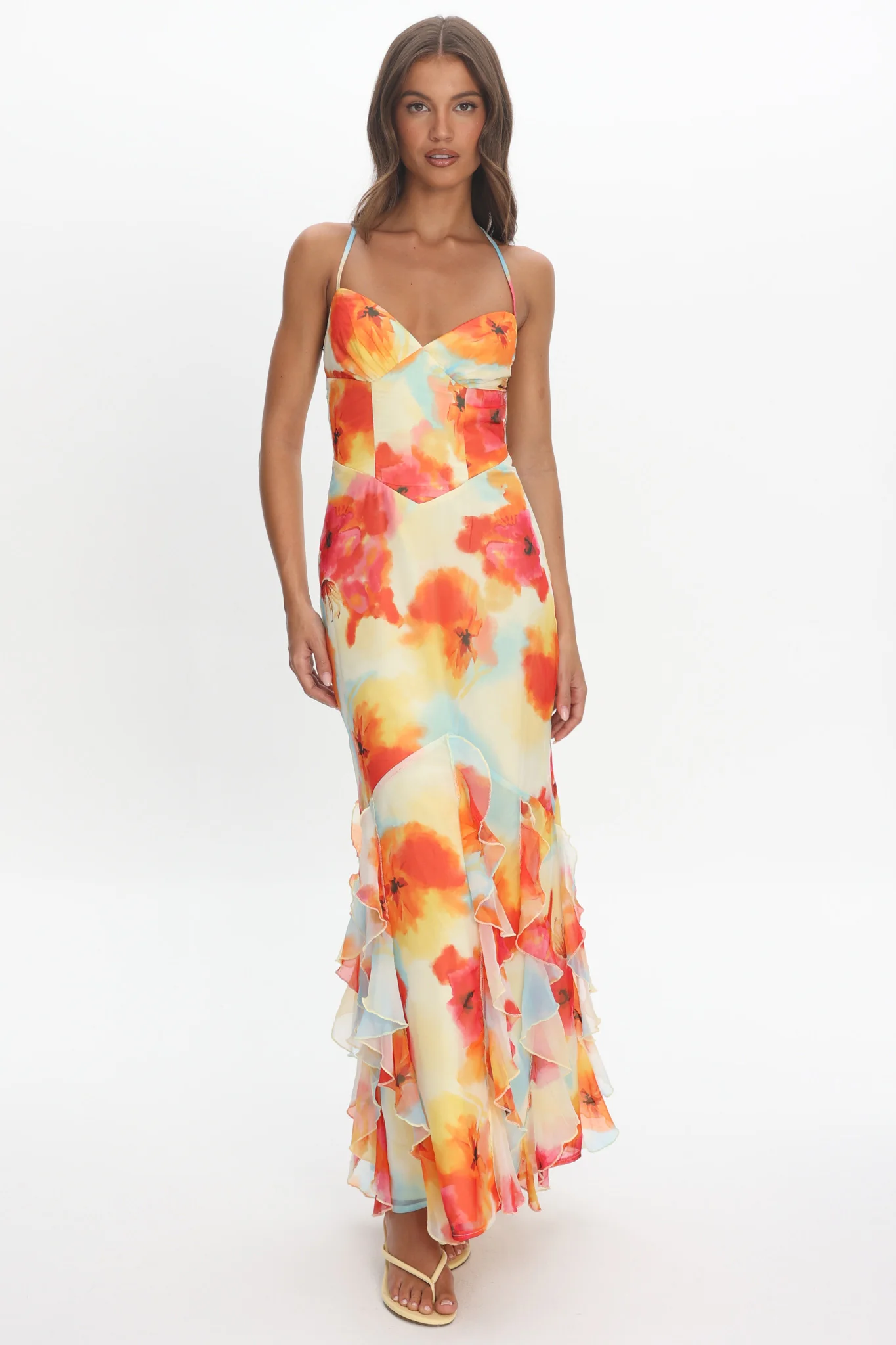 Charlisa Watercolour Floral Halter Maxi Dress Orange - luluinthesky