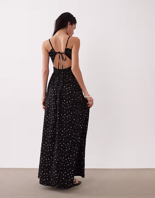 Esmée shirred beach maxi dress in black & white polka dots