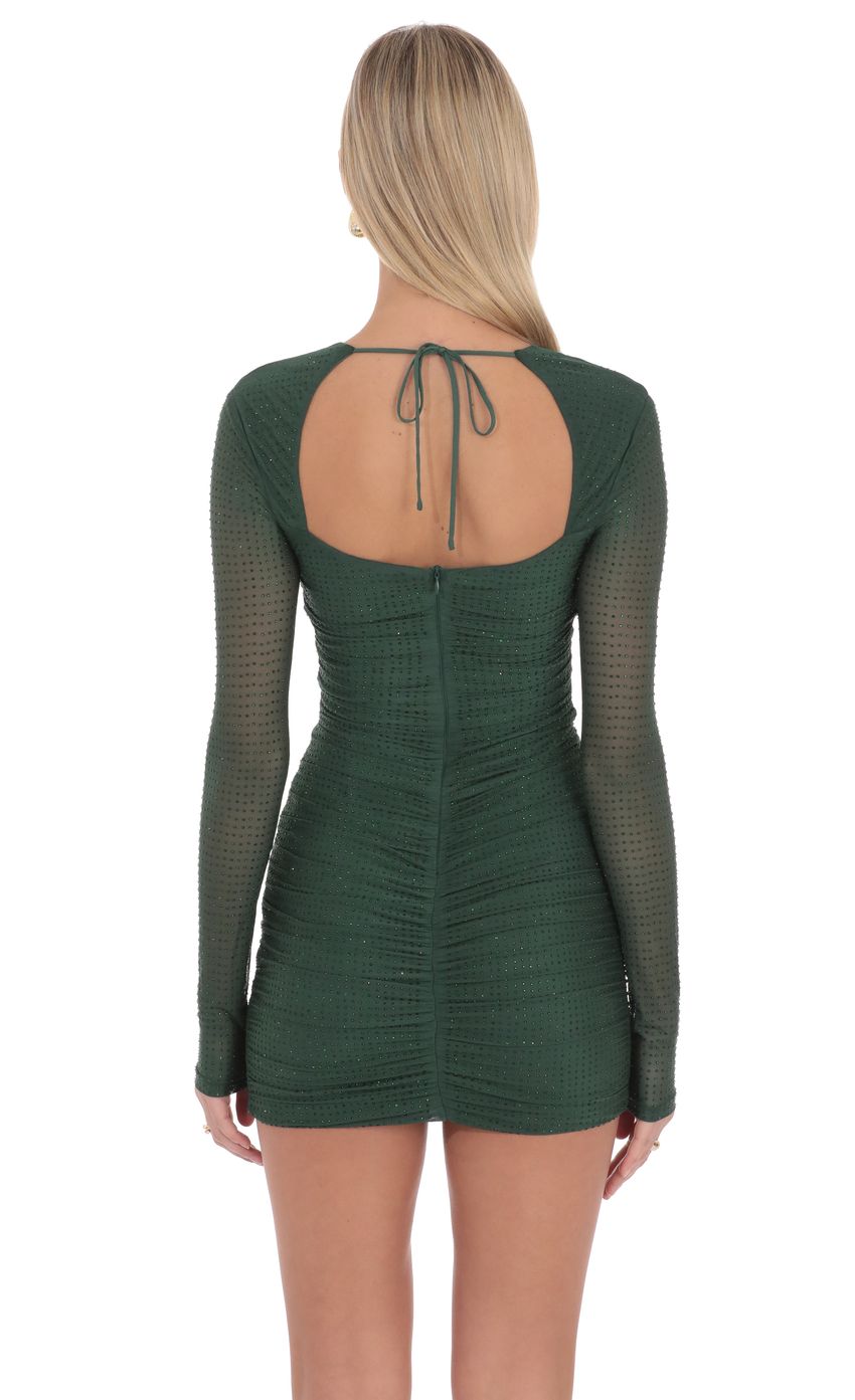 Rhinestone Mesh Long Sleeve Mini Dress in Green