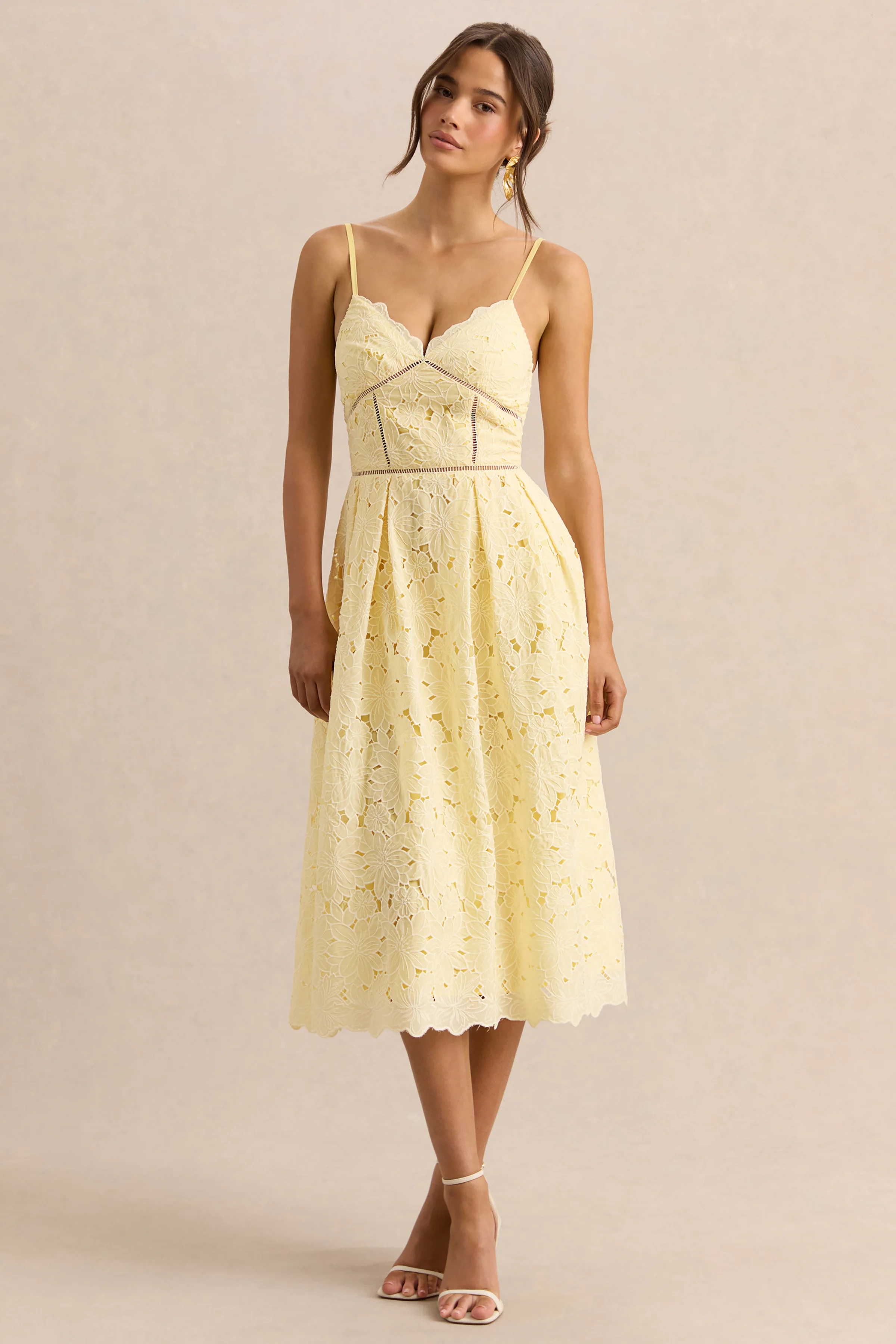 Nicoline | Lemon Lace Sweetheart Midi Dress With Cami Straps