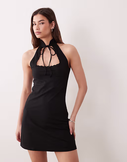 tie detail stand collar sleeveless crepe mini dress in black